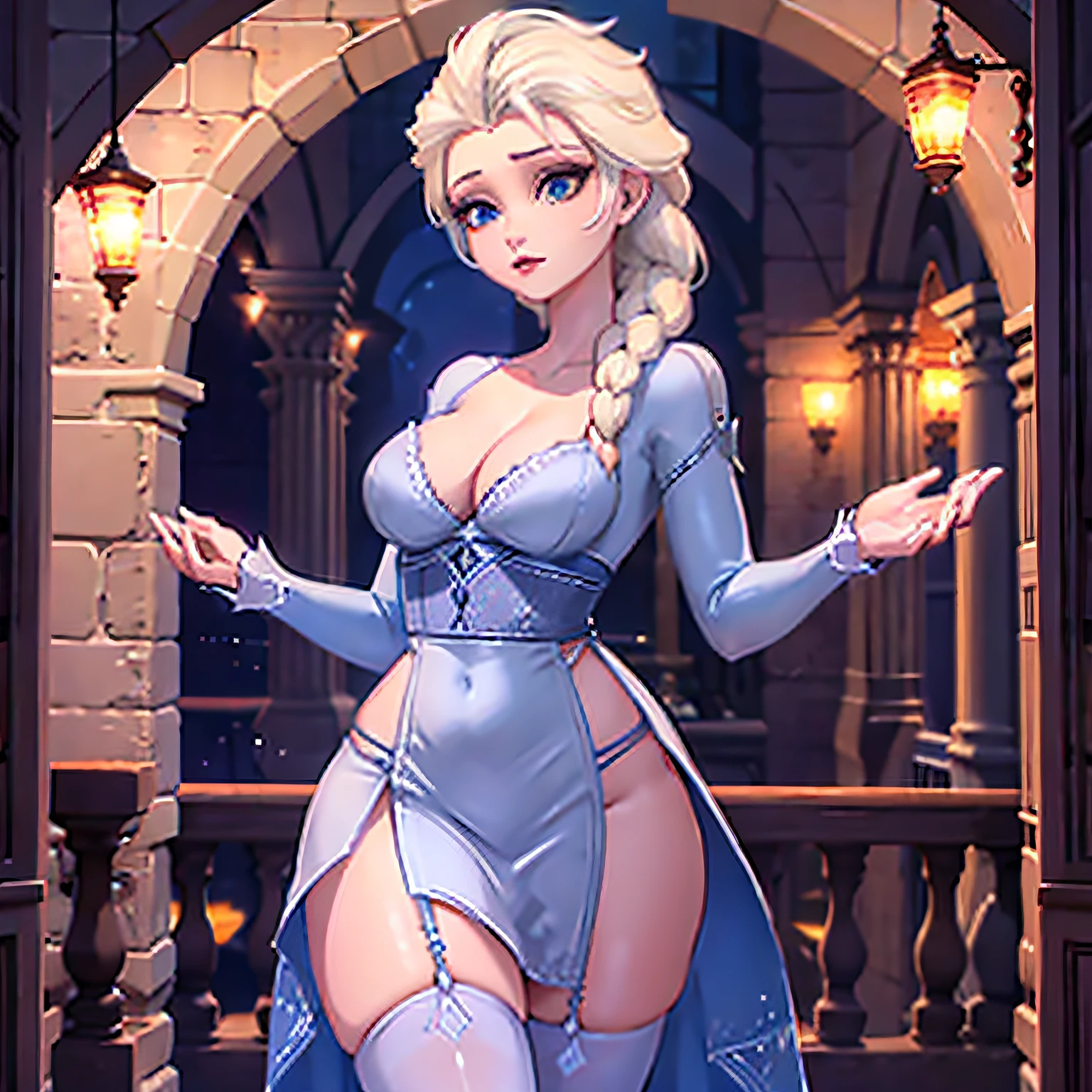 une fille, Elsa, Cheveux longs et blancs, Makeup, lipstick, corps mince, gros seins, robe coupe bleue douce,relever la jupe,lingerie (bas résille taille haute), talons hauts, debout, seductive pose