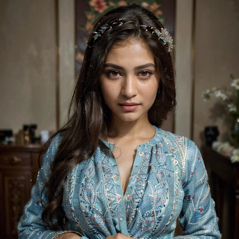 (Best quality, Ultra-detailed, Masterpiece:1.5), Photorealistic photograph of a beautiful pakistani woman, flawless, highly detailed face (Highly Detailed Skin) with soft, luminous skin. Her long hair should be naturally brown and stylishly arranged. (Perfect Eyes:1.2). high-quality film grain photography (ISO 400, 30mm lens RAW f1.8 aperture. high budget, ultra resolution, fashionable outfit, unique style, expressive eyes and vibrant smile, confident and charismatic, captivating and enigmatic presence, dress flows gracefully, fabric has a beautiful texture, with intricate patterns and exquisite craftsmanship.