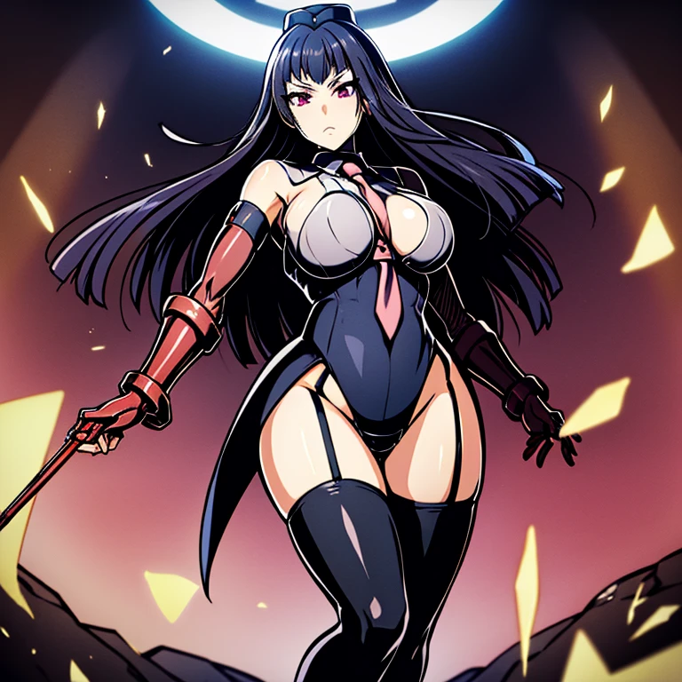ultra-detailed, Explicit, Beautiful body, Beautiful Nose, Beautiful character design, perfect eyes, perfect face, ultra highres, 4K, beautiful legs, perfect legs, Nice hands, Perfect hand, Masterpiece, Best Quality, Highly detailed, illustration, absurdres, street fighter, doll suit, shadaloo doll, dollsuit, girls, multiple girls, expressionless, blank eyes, looking at viewer, red gloves, emotionless, black latex, corrution, mind control, female combatant, full body, hypnotized, unhappy trance, full body suit, ribbed bodysuit, both arms at side, stand up straight, obey, perfect female body, extremely glossy latex, hypnosis, hypnoLora, empty eyes, Mind control device, poses, brainwashed, submissive_pose, Slave, hat, necktie, stand up straight, standing, standing at attention, belt, extending the right arm from the shoulder into the air with a straightened hand, nazi saluting, military, military saluting, salute, right hand saluting, left hand at side, latex, ribbed bodysuit, wide hip, thicc, a curvy body, garter belt, black thighhighs, frilled sleeves, stakes of purgatory, purple hair, long hair, purple eyes, big breast, Featherine Augustus Aurora