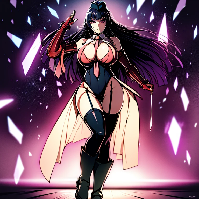 ultra-detailed, Explicit, Beautiful body, Beautiful Nose, Beautiful character design, perfect eyes, perfect face, ultra highres, 4K, beautiful legs, perfect legs, Nice hands, Perfect hand, Masterpiece, Best Quality, Highly detailed, illustration, absurdres, street fighter, doll suit, shadaloo doll, dollsuit, girls, multiple girls, expressionless, blank eyes, looking at viewer, red gloves, emotionless, black latex, corrution, mind control, female combatant, full body, hypnotized, unhappy trance, full body suit, ribbed bodysuit, both arms at side, stand up straight, obey, perfect female body, extremely glossy latex, hypnosis, hypnoLora, empty eyes, Mind control device, poses, brainwashed, submissive_pose, Slave, hat, necktie, stand up straight, standing, standing at attention, belt, extending the right arm from the shoulder into the air with a straightened hand, nazi saluting, military, military saluting, salute, right hand saluting, left hand at side, latex, ribbed bodysuit, wide hip, thicc, a curvy body, garter belt, black thighhighs, frilled sleeves, stakes of purgatory, purple hair, long hair, purple eyes, big breast, Featherine Augustus Aurora