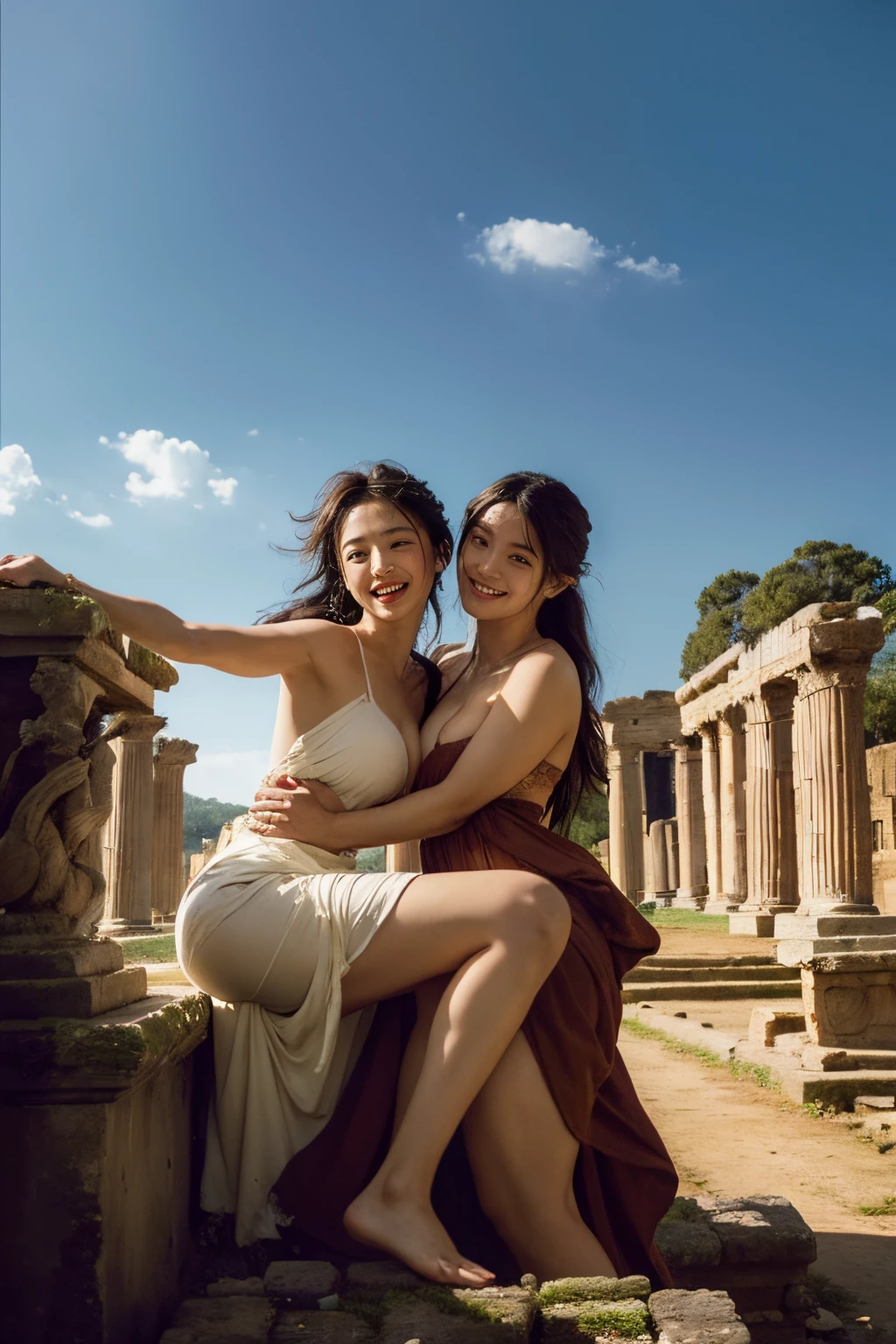 female sculptor,Ancient Roman ruins,Poussin-style landscape,A smile,,Sweet and seductive appearance.、Caravaggio's paintings、Chiaroscuro of Caravaggio、Hair disheveled in the wind,Two women frolicking,Cute smile, Expression of ecstasy,A sexy,Erotic