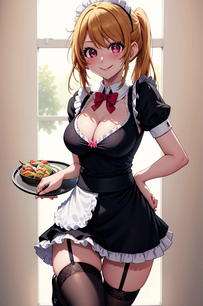 anime, beautiful face, highly detailed face, detailed perfect eyes, perfect hair, perfect lips, accurate arms, accurate hands, perfect legs, accurate footware. highly detailed background, front lighting, perfect lighting, full body, 1girl, solo, ruby hoshino, ruby, oshi no ko, heels, blonde hair, thighhighs, stockings, absurdres, high res, ultrasharp, 8K, masterpiece, looking at viewer, in a maid cafe, restaurant (sexy pose:1.1), (full body:1.3), waitress, carrying a tray, holding a tray, maid, maid outfit, cute maid outfit, cleavage, stockings, full of delight, smiling full of compassion, blushed