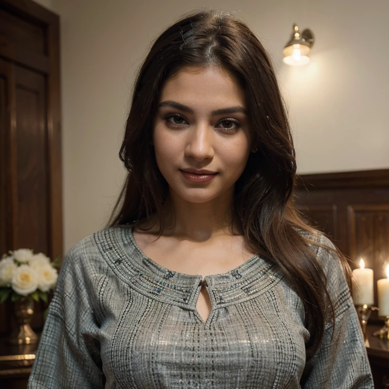 (Best quality, Ultra-detailed, Masterpiece:1.5), Photorealistic photograph of a beautiful pakistani woman, flawless, highly detailed face (Highly Detailed Skin) with soft, luminous skin. Her long hair should be naturally brown and stylishly arranged. (Perfect Eyes:1.2). high-quality film grain photography (ISO 400, 30mm lens RAW f1.8 aperture. high budget, ultra resolution, fashionable outfit, unique style, expressive eyes and vibrant smile, confident and charismatic, captivating and enigmatic presence, dress flows gracefully, fabric has a beautiful texture, with intricate patterns and exquisite craftsmanship.