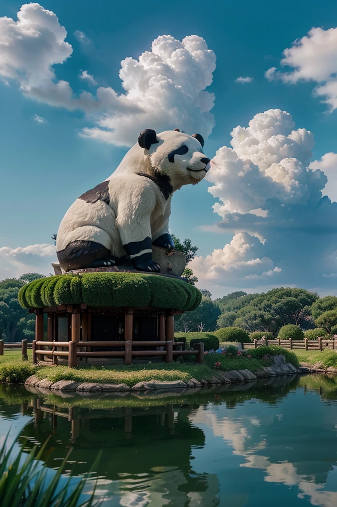 masterpiece, best quality,blind box toy style, ghibli-like colors, from the side, atmospheric perspective, f/1.8, UHD, masterpiece, ccurate, high detail, high quality, high resolution, a panda meditating, meditating, hands folded, chinese auspicious clouds, surrounding, flowing,