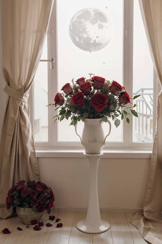 Stunning bouquet of roses and lilies in a ceramic vase, red and white colors, a cozy room, a garland, an open window, the moon and stars, evening, an atmosphere of comfort