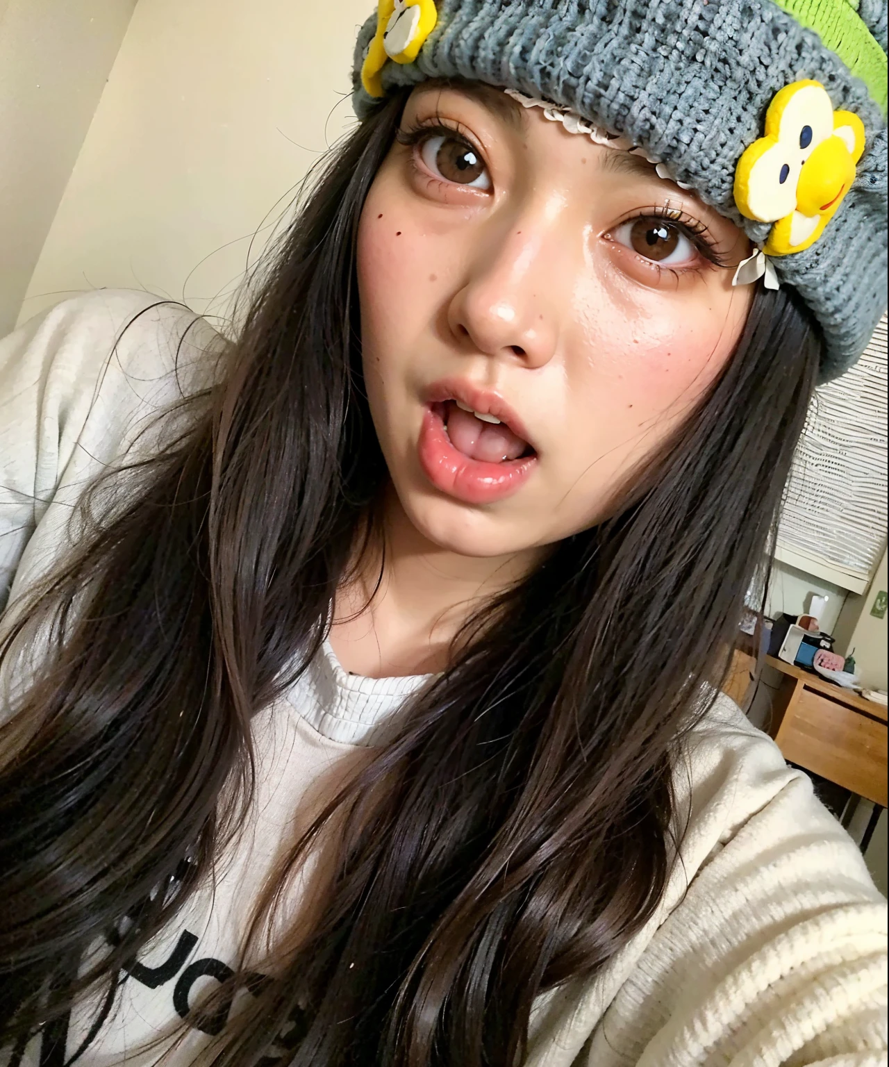 puffy woman with a hat and a surprised expression on her face, Ulzzang, Chiho, wan adorable korean face, menina coreana, Jaeyeon Nam, young adorable korean face, young cute wan asian face, Kimi Takemura, Yoshitomo Nara, com bonito - fino - rosto, menina kawaii bonito