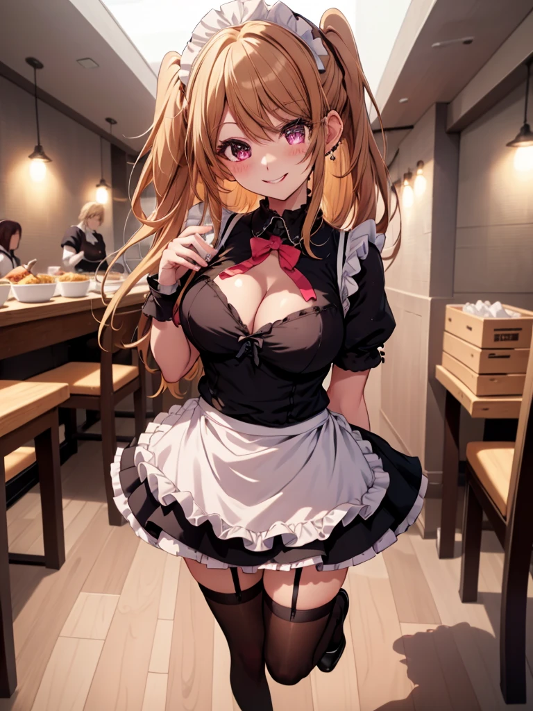 anime, beautiful face, highly detailed face, detailed perfect eyes, perfect hair, perfect lips, accurate arms, accurate hands, perfect legs, accurate footware. highly detailed background, front lighting, perfect lighting, full body, 1girl, solo, ruby hoshino, ruby, oshi no ko, heels, blonde hair, thighhighs, stockings, absurdres, high res, ultrasharp, 8K, masterpiece, looking at viewer, in a maid cafe, restaurant (sexy pose:1.1), (full body:1.3), waitress, carrying a tray, holding a tray, maid, maid outfit, cute maid outfit, cleavage, stockings, full of delight, smiling full of compassion, blushed
