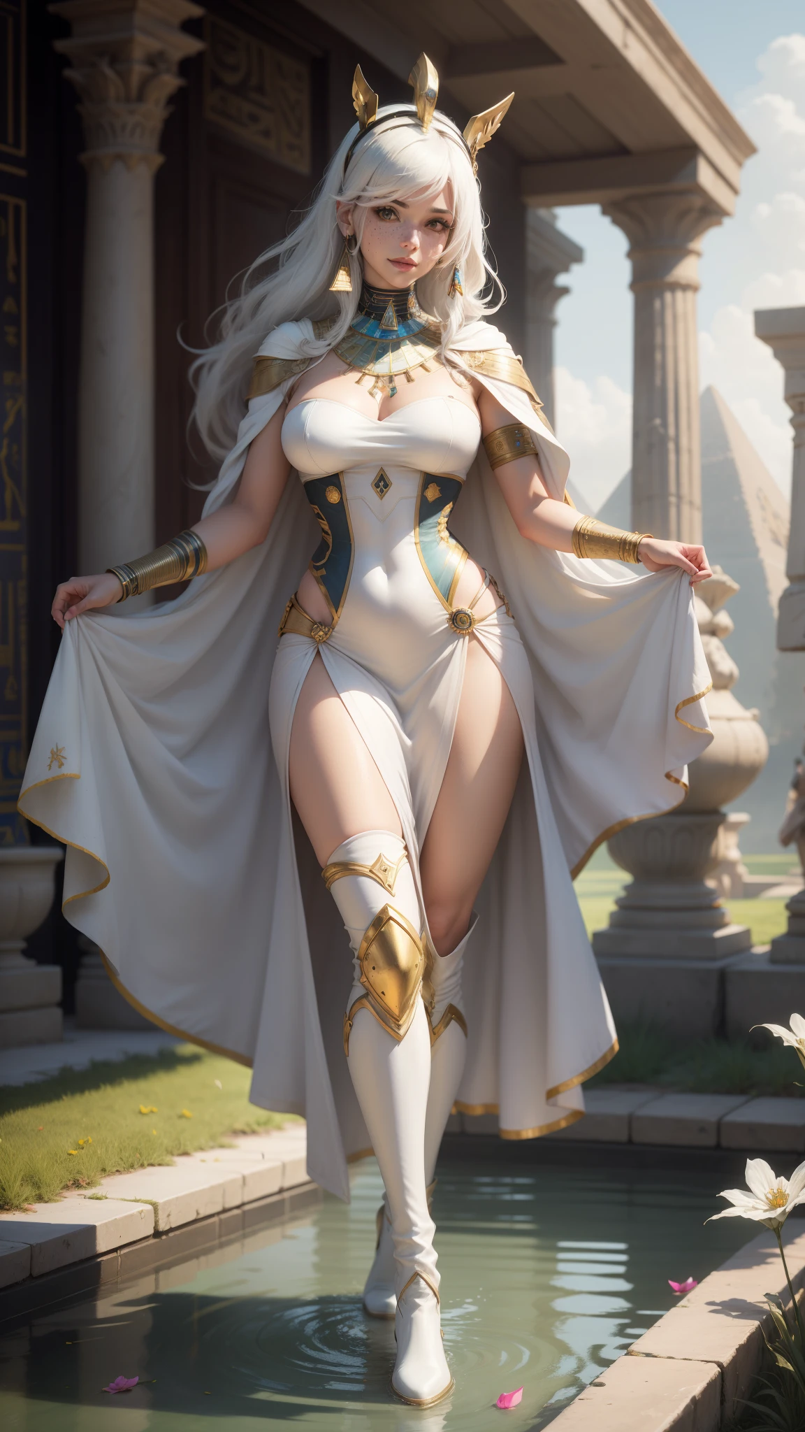 gwen tennyson,yorha 2b,tracer,y'shtola rhul,solo girl,overwatch,atelier ryza,close up,meadow view,tattoos,royal yellow and white plugsuit,white short sleeve egyptian top,full plate egyptian armor top,white long pharaoh skirt,white egyptian corset,long curly hair,pharaoh makeup,green eyes,multicolored silver hair,long dress train,sexy smile, freckles,beautiful girl,white egyptian thigh high boots,large breasts,8k,ultra detailed,realistic,fantasy art,egyptian pharaoh uniform,egyptian goddess dress,ear piercings,egyptian hand and neck jewelry,(weather:windy),long white egyptian cape,ancient egypt,pharaoh hair pin,flower petals flying,egyptian pyramid,egyptian pond garden,