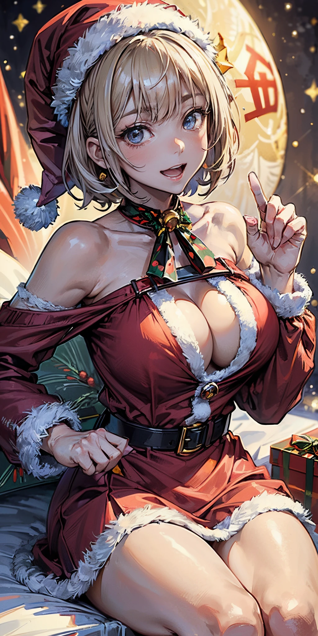 ((very nsfw、masuter pcs、bestquality、Masute Piece、最高品質、Highest Standards、highest image quality、A very beautiful woman.、A beautiful woman full of charm.、Dark pale blue eyes.、Strong highlights of the eyes、perfect anatomy、Dynamic lighting、lipgloss))、(RAW photo:1.2)、(photoRealstic:1.4)、((Almost never look up.、Look steadily at the camera.))、Beautiful face with perfect symmetry、beautiful detailed woman、very detailed eyes and face、Beautiful fine eyes、Smile at your audience、expressive laugh、Very smiling.、Laughed very happily.、Beautiful teeth、Beautiful braces、ultra-detail、ighly Details、((Santa Claus Girl Uniform、Santa Claus knitted dress, dark red、Dark red knitted Santa Claus hat、knitted off shoulder santa claus costume、Large buttons、Very thick red shoulder straps for knitwear.:1.4))、facial lighting、28-year-old girl、((Dynamic Post))、(camel toes)、(Sit on your legs with your knees bent.)、Short Hair Hair、Cross Bang、asymmetrical bangs、Cut Bob Short、long neck、Remove the ear.、Eyebangsik、eyelashes、kawaii、The breast is very large.、Very big, very beautiful.、The shape of the breasts is very beautiful.、Beautiful cleavage、Tall mannequin、Long-legged models、Supermodel with wide right shoulder-colored eyes、Loss of shadow on the face、Fade shadows:1.1、A little natural light coming in from the front、Christmas Daytime Snow Winter Nature Background、The face lights up slightly.、facial lighting、paw pose
