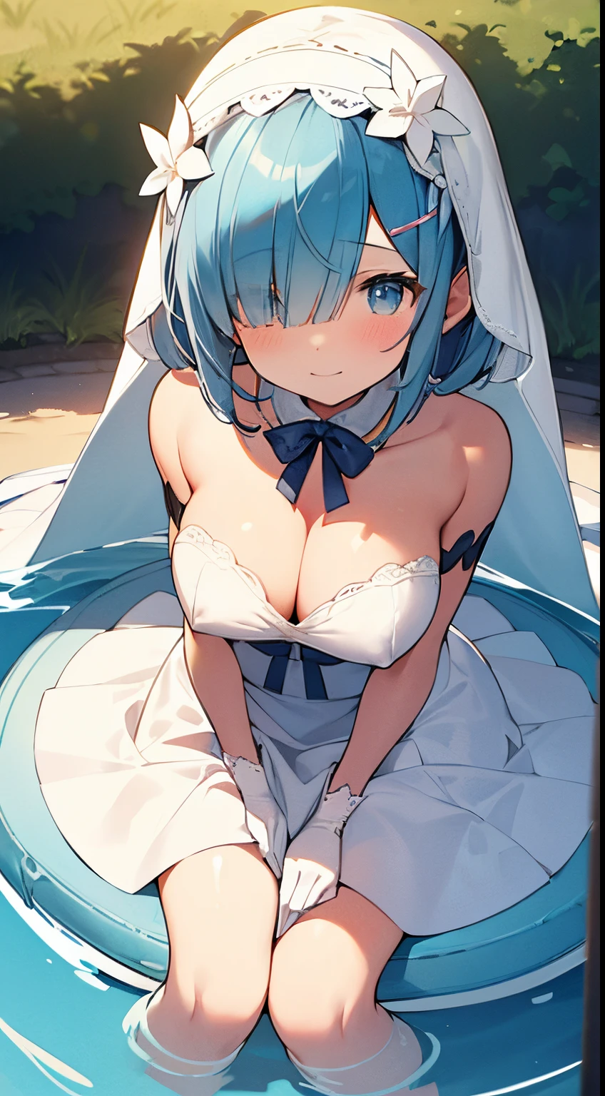 extra detailed face, Perfect Lighting, extremely details CG, 4K、8K、be shy、mournful smile、(Perfect hands, Perfect Anatomy)、Ultra-realistic photo of a girl in a beautiful white swimsuit, Big beautiful dress,All White Bikini、Tiny Viking Veil、Bikini with frills, masutepiece,  art  stations, Fantasy Art:1.2),Beautiful sandy beach and beautiful clear sea、chapel、beautiful white bouquet、Beautiful cute girl, Rem of Rezero、Height 150cm、(Blue shorthair:1.3), (Bangs hide one eye:1.4)、(intricate short white skirt, Bare legs:1.2, Full body shot)、very Bigger breasts、cleavage of the breast、Nipples show through、、No pubic hair(Clearly visible detailed female pubic shape: 1.4)、skirt rift、Thin leg、Skinny Legs、very very short skirt、Skirt、put on white opera gloves、sexy  pose，