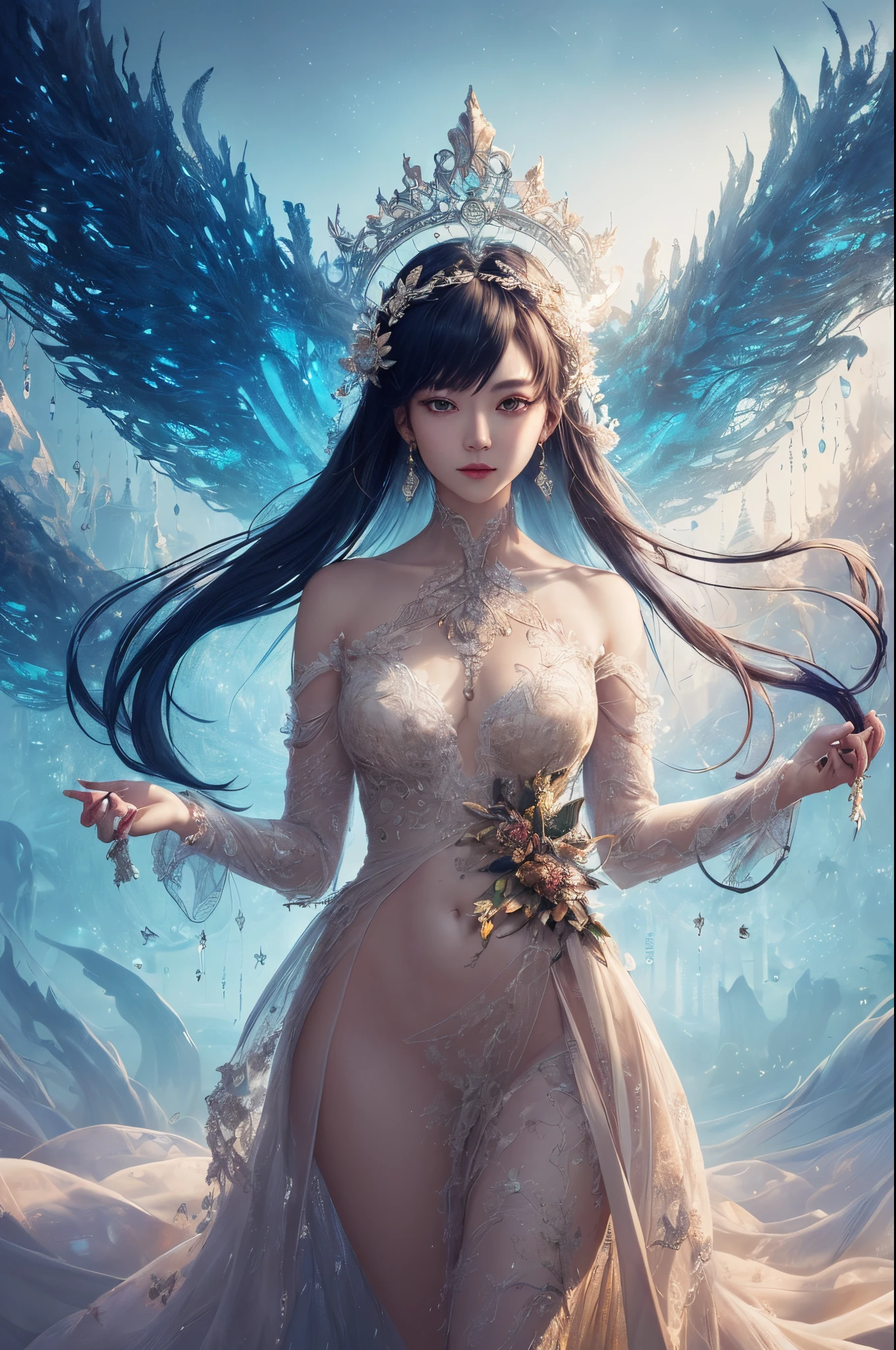 (((masterpiece))), (((best quality))), ((ultra-detailed)), (hyperrealistic), (highly detailed CG illustration), ((an extremely delicate and beautiful)),cinematic light, Create a stunning anime artwork that is currently trending on ArtStation, showcasing exquisite beauty and captivating aesthetics. The art piece should be highly detailed, featuring a compelling character and a visually appealing environment. The character in the artwork is a graceful and enchanting figure, radiating an aura of elegance. Pay close attention to intricate facial features, such as mesmerizing eyes with vibrant colors and delicate shading. The character's clothing should be designed with elaborate patterns, flowing fabrics, and rich textures, reflecting a blend of fantasy and contemporary fashion. Place the character in a captivating environment that enhances the overall appeal of the artwork. It could be a breathtaking natural landscape, a bustling futuristic cityscape, or a mystical realm filled with magical elements. Incorporate vibrant colors, dynamic lighting, and detailed background elements to create a sense of depth and immersion. Consider the latest trends in anime art, such as incorporating unique lighting effects, exploring creative composition techniques, or experimenting with unconventional color palettes. Take inspiration from the top artists on ArtStation and their exceptional execution of various art styles and themes. Camera: Choose an angle that highlights the character's beauty and the immersive environment. Lighting: Utilize atmospheric lighting techniques to create depth and mood. Resolution: Aim for a high-resolution artwork to showcase intricate details and clarity. Art Inspirations: Seek inspiration from the trending artists on ArtStation, exploring different styles, genres, and themes.