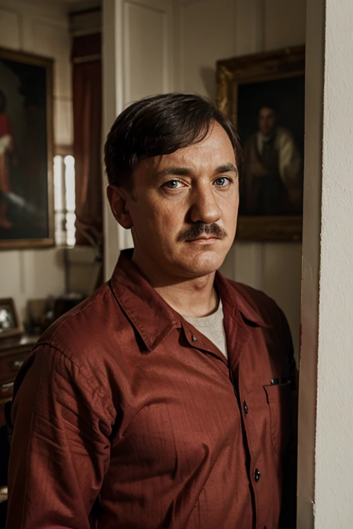adolf hitler painting in a german room. wearing a red shirt