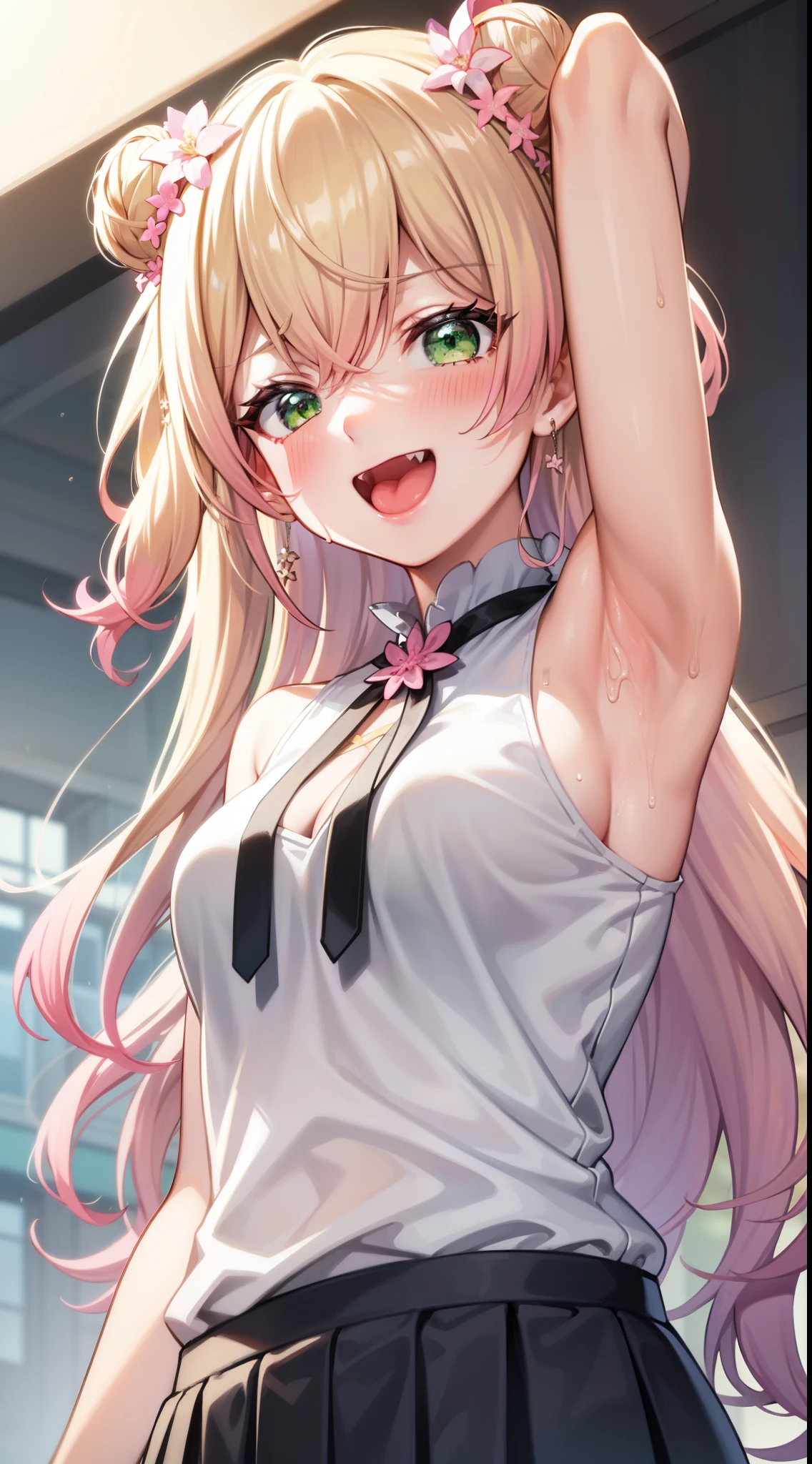 masterpiece,highres,Momosuzu Nene,idol,1girl,blond hair,green eyes,,off-shoulder,shoulder,two side up,double bun hair,long hair,gradient hair,tareme eyes,flower hair ties,armpit,sweating,skin fang,evil smile,open mouth,(from below1.5),upper body,