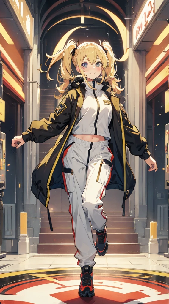 Blonde twintails,Whole body, Standing figure, Navel Ejection, trouser, high-level image quality, A smile, parka