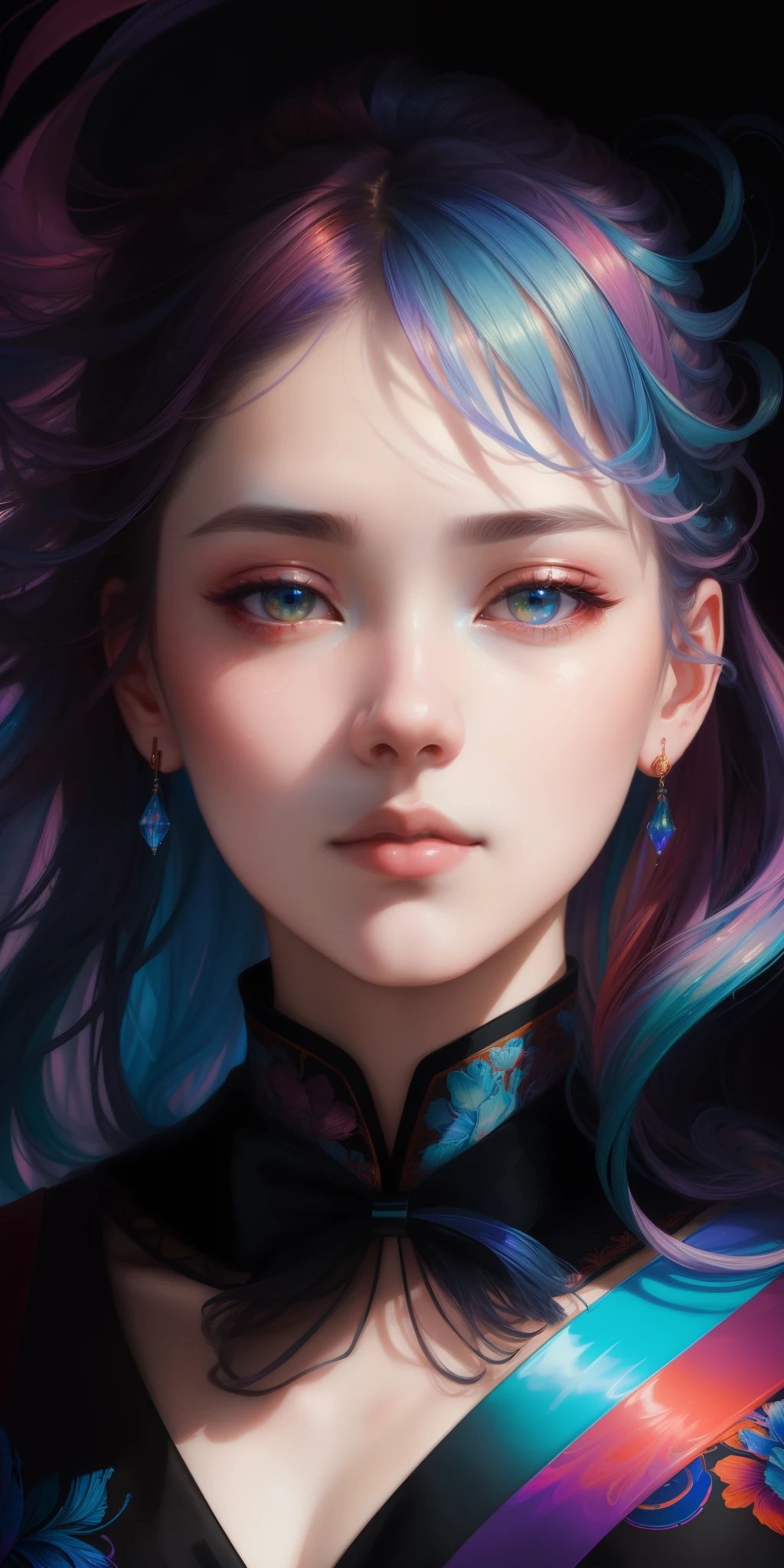 _james jean, floating female figure made of ribbons, smoke, in the sky, colorful and vibrant, mystical colors, contemporary impressionism, yanjun cheng portrait painting, iridescent painting, 3/4 perspective view, cute face, low angle, sweeping circling composition, large beautiful crystal eyes, big irises, UHD, HDR, 8K, (Masterpiece:1. 5), (the most beautiful portrait in the world:1.5)