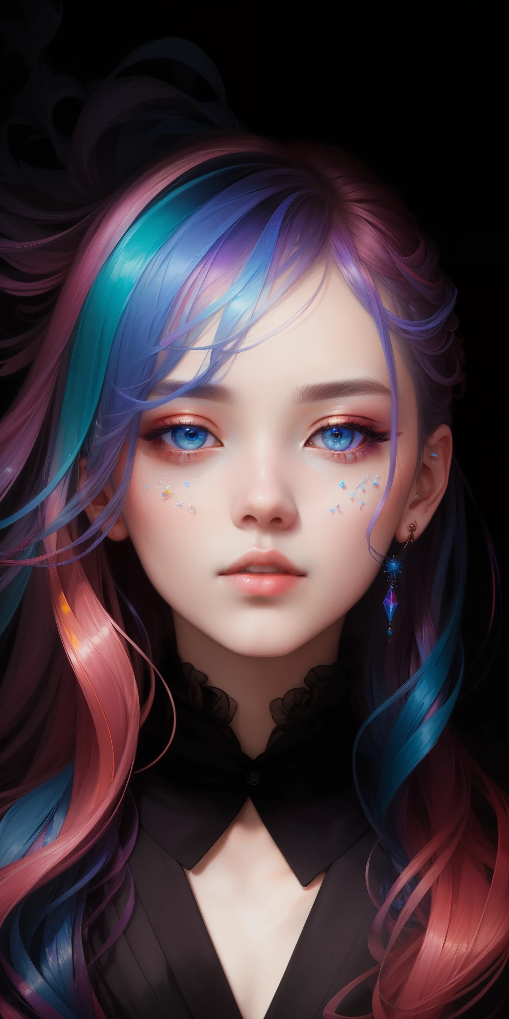 _james jean, floating female figure made of ribbons, smoke, in the sky, colorful and vibrant, mystical colors, contemporary impressionism, yanjun cheng portrait painting, iridescent painting, 3/4 perspective view, cute face, low angle, sweeping circling composition, large beautiful crystal eyes, big irises, UHD, HDR, 8K, (Masterpiece:1. 5), (the most beautiful portrait in the world:1.5)