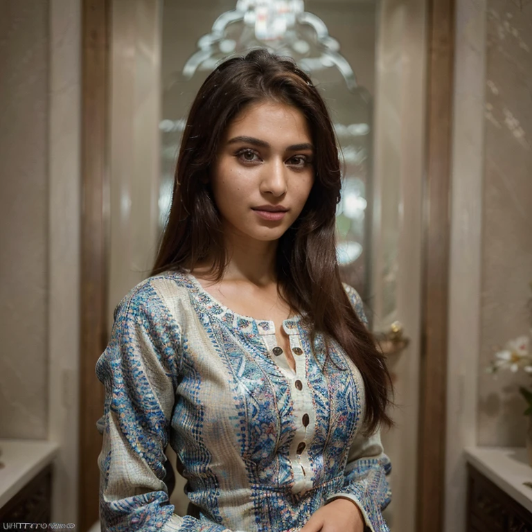 (Best quality, Ultra-detailed, Masterpiece:1.5), Photorealistic photograph of a beautiful pakistani woman, flawless, highly detailed face (Highly Detailed Skin) with soft, luminous skin. Her long hair should be naturally brown and stylishly arranged. (Perfect Eyes:1.2). high-quality film grain photography (ISO 400, 30mm lens RAW f1.8 aperture. high budget, ultra resolution, fashionable outfit, unique style, expressive eyes and vibrant smile, confident and charismatic, captivating and enigmatic presence, dress fabric has beautiful texture with intricate patterns and exquisite craftsmanship.