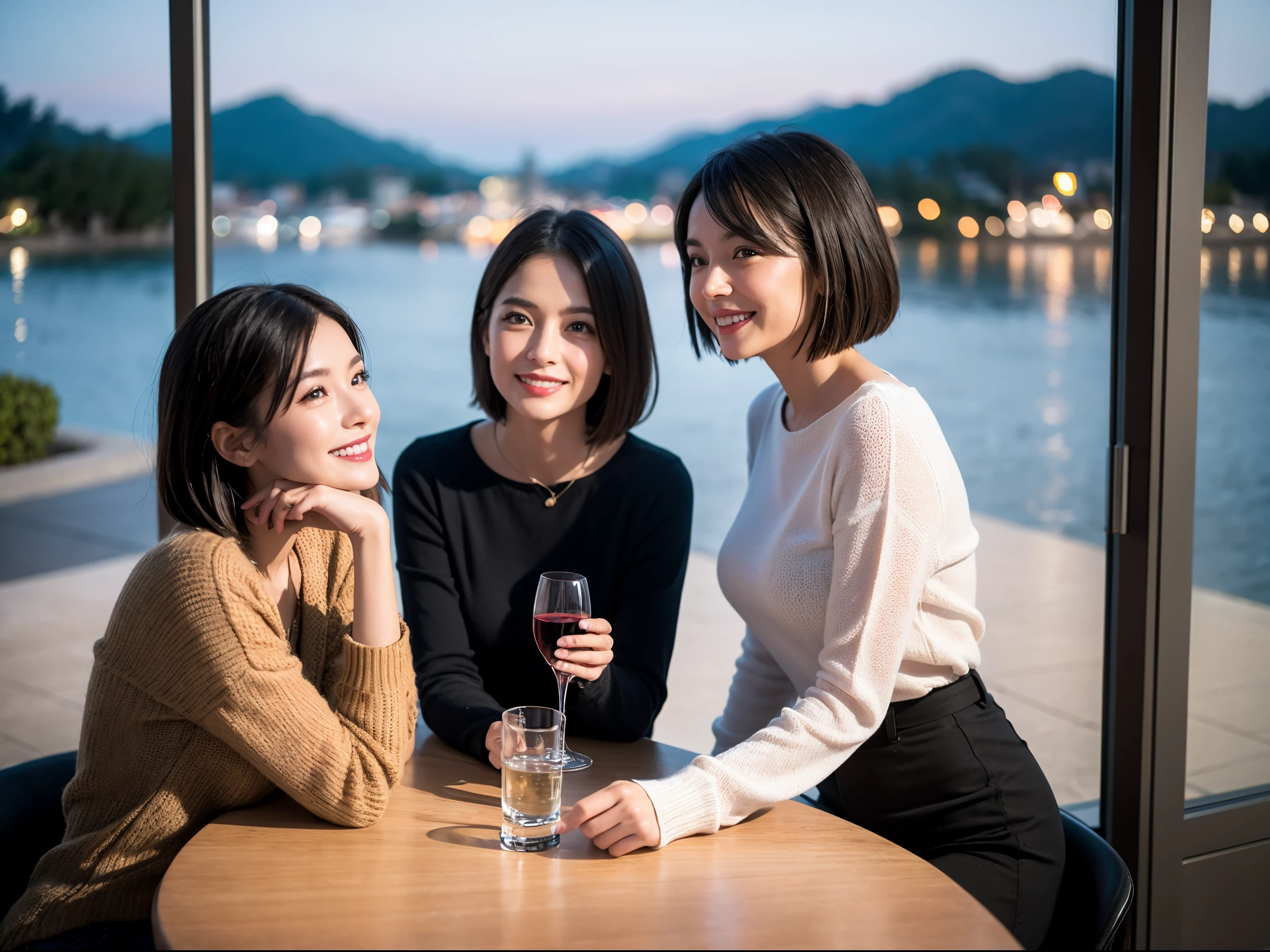(64k uhd、nffsw、top-quality、masterpiece:1.2)、(realisitic、Photorealsitic:1.37)、ultra-detailliert、wine glasses、enjoying a glass of wine、a matural female、Two beautiful women、(Slim Faces)、(Slim body)、(brawn hair)、(short-cut)、smiling french woman、happy italian girl、British woman、Americana、blush a little on the cheeks、(38 years)、42 year old、red wine、A beautiful and detailed night view spreads out outside the window..、resturant、Wine glasses in a prominent place、natta、(from waist up)、sitting on、date、(A smile:1.15)、Beautiful detailed eyes、Cashmere sweater、long-sleeved dresses、japanes、(short-hair:1.2)、Float NovaFrogStyle、、modeled、from waist up、white wine、Slimed、wine glasses、Super beautiful night view、Put the wine glass in the middle、Happy smile、(8K、Raw photography、top-quality、masterpiece:1.2)、(realisitic、Photorealsitic:1.37)、ultra-detailliert、超A high resolution、2 females、see the beholder、beautifull detailed face、A smile、Constriction、(Slim waist) :1.3)、knit shirt、Beautiful detailed skin、Skin Texture、floated hair、professional light needle breast、eyes gentle