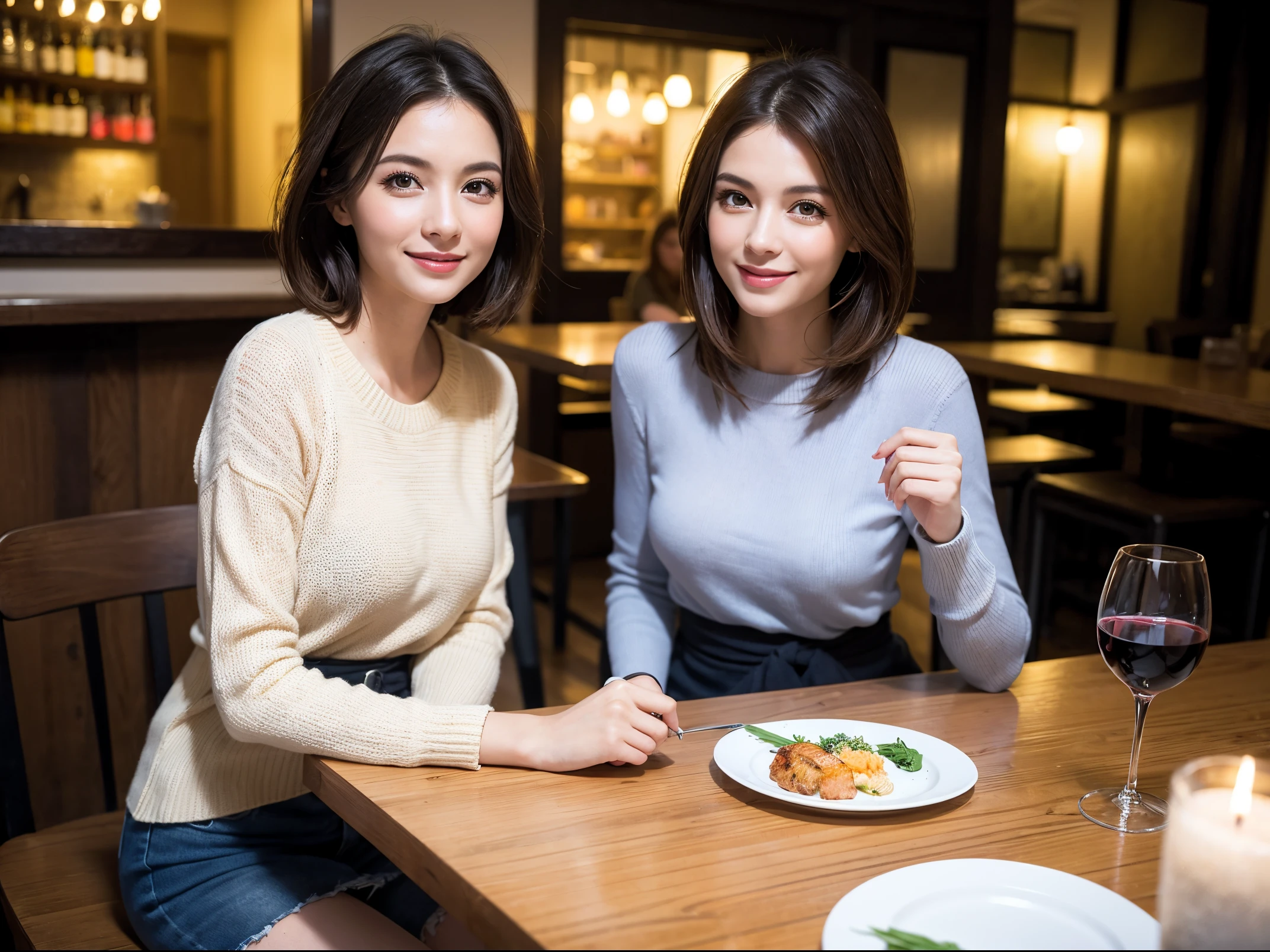 (64k uhd、nffsw、top-quality、masterpiece:1.2)、(realisitic、Photorealsitic:1.37)、ultra-detailliert、wine glasses、enjoying a glass of wine、a matural female、Two beautiful women、(Slim Faces)、(Slim body)、(brawn hair)、(short-cut)、smiling french woman、happy italian girl、British woman、Americana、blush a little on the cheeks、(38 years)、42 year old、red wine、A beautiful and detailed night view spreads out outside the window..、resturant、Wine glasses in a prominent place、natta、(from waist up)、sitting on、date、(A smile:1.15)、Beautiful detailed eyes、Cashmere sweater、long-sleeved dresses、japanes、(short-hair:1.2)、Float NovaFrogStyle、、modeled、from waist up、white wine、Slimed、wine glasses、Super beautiful night view、Put the wine glass in the middle、Happy smile、(8K、Raw photography、top-quality、masterpiece:1.2)、(realisitic、Photorealsitic:1.37)、ultra-detailliert、超A high resolution、2 females、see the beholder、beautifull detailed face、A smile、Constriction、(Slim waist) :1.3)、knit shirt、Beautiful detailed skin、Skin Texture、floated hair、professional light needle breast、eyes gentle