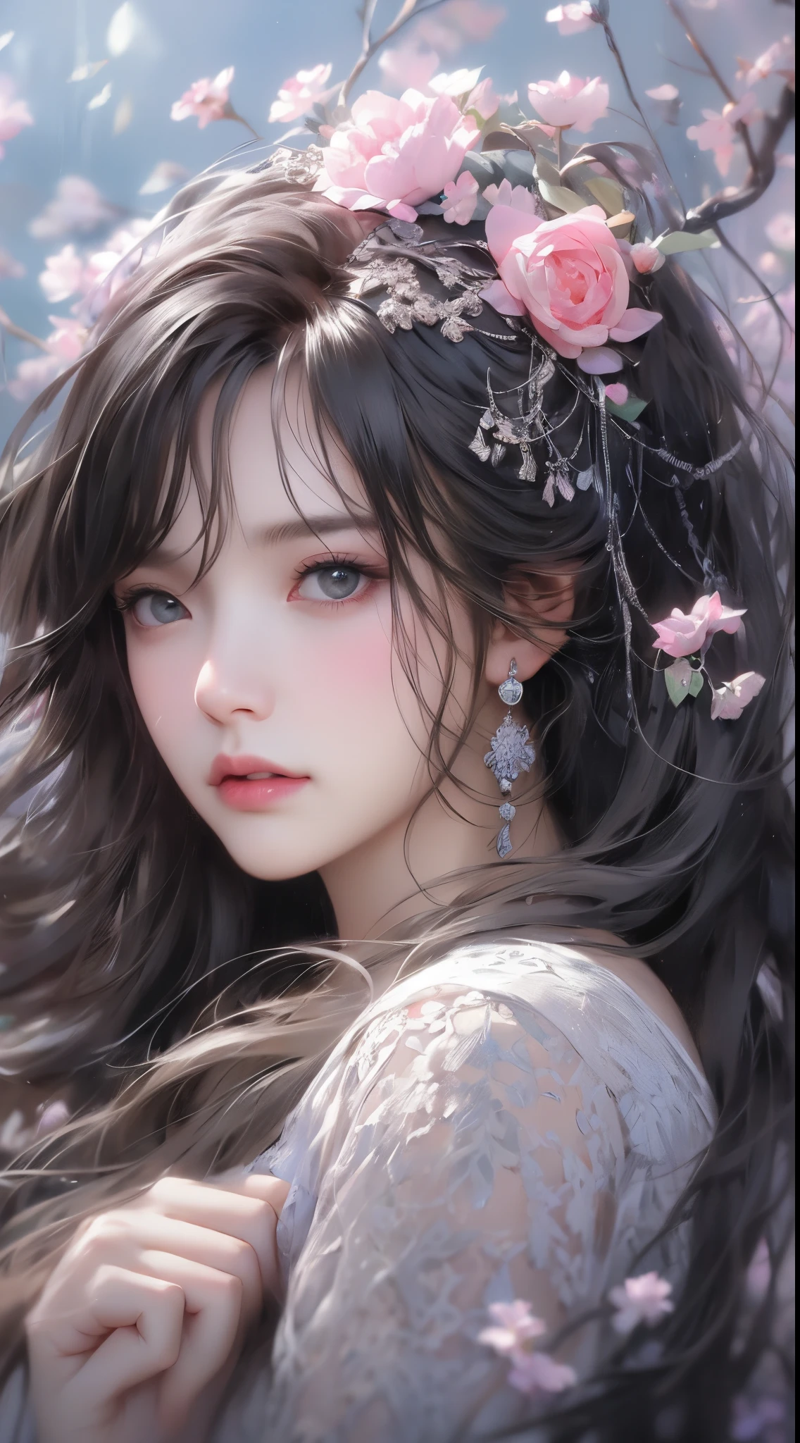 1 girl, close up upper-body portrait, Black hair, Flowing hair, Hazy beauty, with extremely beautiful facial features, purple embroidery dress, Head hairpin, Lying on a bush of flowers, Hands on the face, Perfect Anatomy, white blossoms, (spring, rainy day, terraces, mountainscape),  Vector art, Contemporary Chinese art, Soft light, Intertwined scarves, Looking down