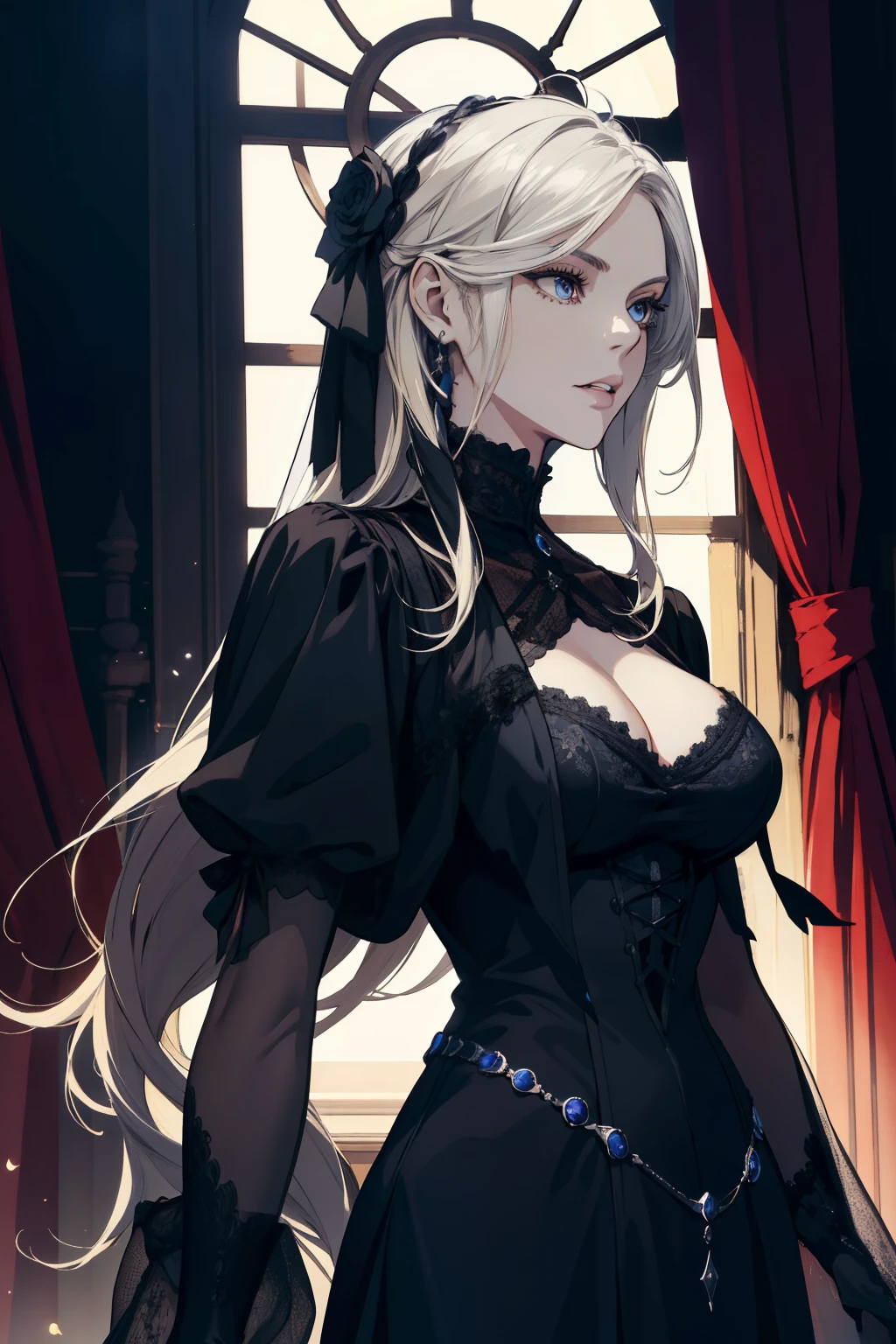 masterpiece, (absurdres:1.1), best quality, extremely delicate, (beautiful face:1.1), elegant, (great composition), bags under eyes, (dark:1.1), arafed image of a woman black dress formal portrait of female inspired by Li Chevalier, portrait knight female, gorgeous female paladin, Victorian era black dress formal girl, crisp clear rpg portrait, female paladin, highly detailed exquisite fanart, female black dress funerals , elisha cuthbert as a d&d paladin, dressed in black blonde blue eye long length hair