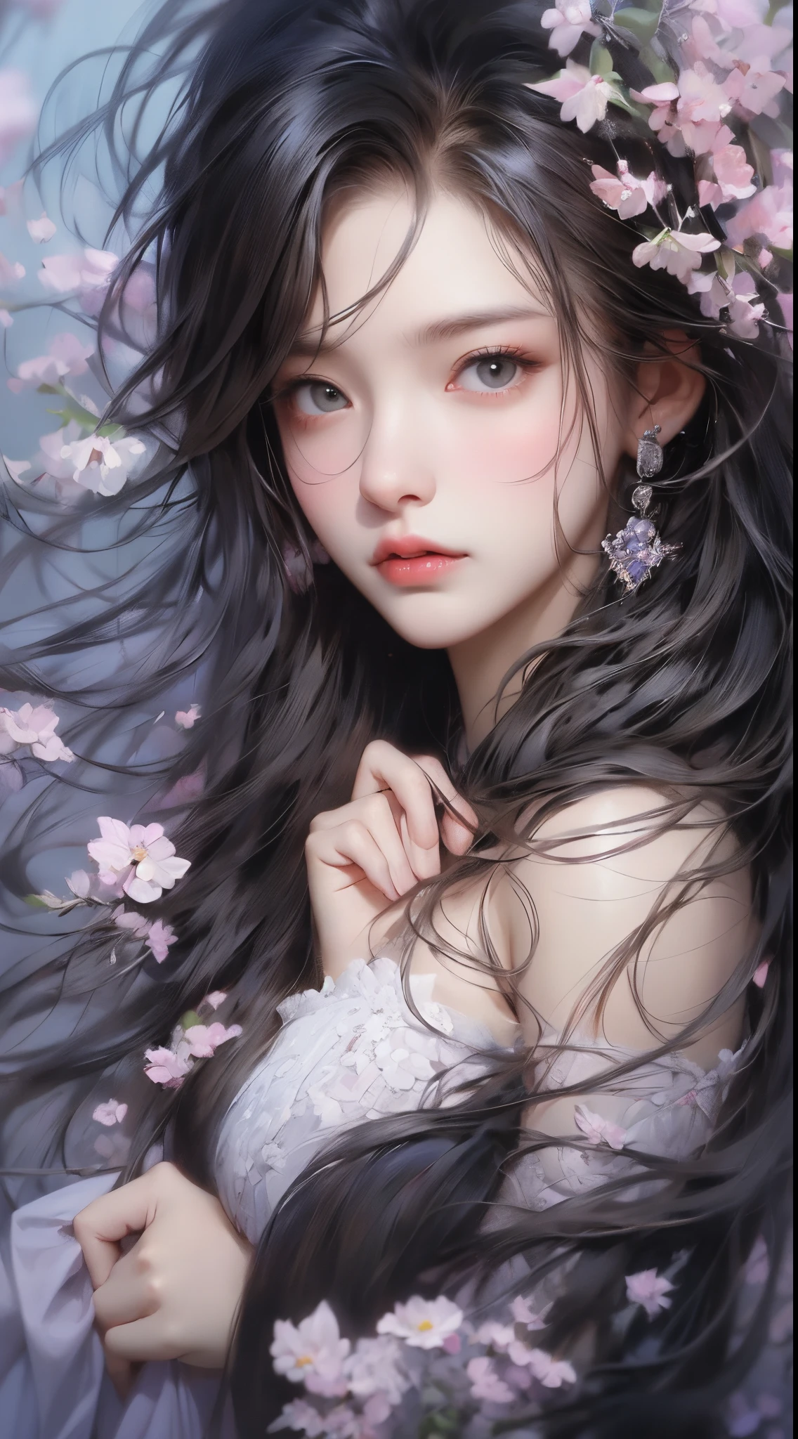 1 girl, close up upper-body portrait, Black hair, Flowing hair, Hazy beauty, with extremely beautiful facial features, purple embroidery dress, Head hairpin, Lying on a bush of flowers, Hands on the face, Perfect Anatomy, white blossoms, (spring, rainy day, terraces, mountainscape), Vector art, Contemporary Chinese art, Soft light, Intertwined scarves, Looking down