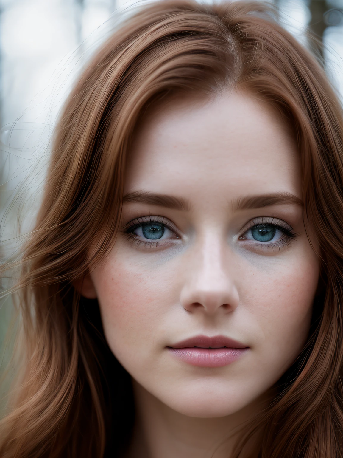 close up of a european woman, ginger hair, blue eyes, winter forest, natural skin texture, 24mm, 4k textures, soft cinematic light, RAW photo, photorealism, photorealistic, intricate, elegant, highly detailed, sharp focus, ((((cinematic look)))), soothing tones, insane details, intricate details, hyperdetailed, low contrast, soft cinematic light, dim colors, exposure blend, hdr, faded