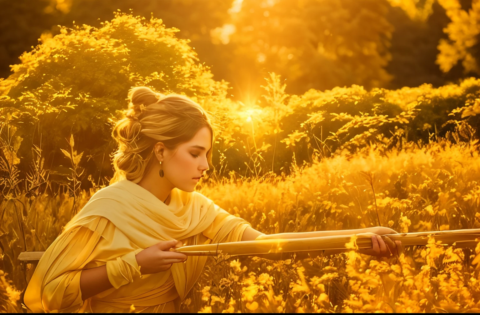 Arafed woman with long hair, standing in a wheat field, Soft lighting of the golden hour, Bathed in golden light, Beautiful backlit face, Soft golden light, Beautiful portrait lighting, Sunny Amber Morning Light, The Light of the Golden Hour, beautifully soft lighting, Golden Hour of Sunshine, In the Golden Hour, Beautiful soft light, beautiful young woman, In the Golden Hour