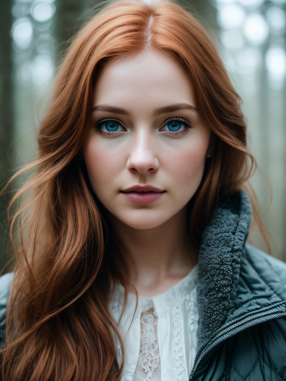 close up of a czech woman, ginger hair, blue eyes, winter forest, natural skin texture, 24mm, 4k textures, soft cinematic light, RAW photo, photorealism, photorealistic, intricate, elegant, highly detailed, sharp focus, ((((cinematic look)))), soothing tones, insane details, intricate details, hyperdetailed, low contrast, soft cinematic light, dim colors, exposure blend, hdr, faded