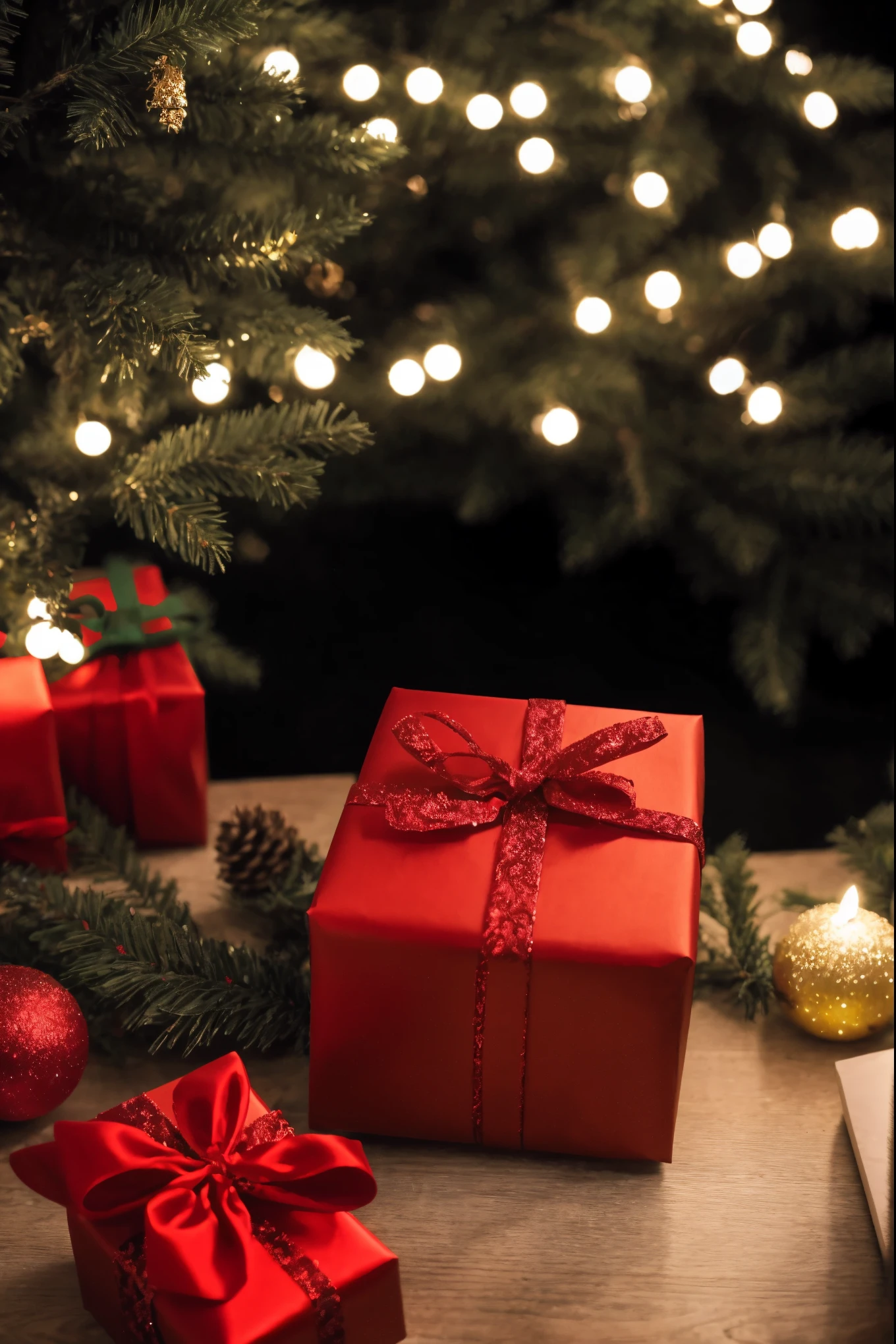 (best quality,4k,8k,highres,masterpiece:1.2),ultra-detailed,realistic,gifts,table,Christmas tree,decorations,wrapping ,bows,ribbon,presents,holiday spirit,vibrant colors,warm lighting,cozy atmosphere,toys,cards,candles,snowflakes,joyful,celebration,exquisite details,exciting surprises,shiny ornaments,sparkling tinsel,beautifully wrapped,excited children,anticipation,festive mood,magical ambiance,delightful moment,wonderful memories,family gathering,cheerful faces,Christmas magic,extravagant,abundance of presents,HDR,UHD,studio lighting,ultra-fine painting,sharp focus,physically-based rendering,professional,vivid colors,bokeh.