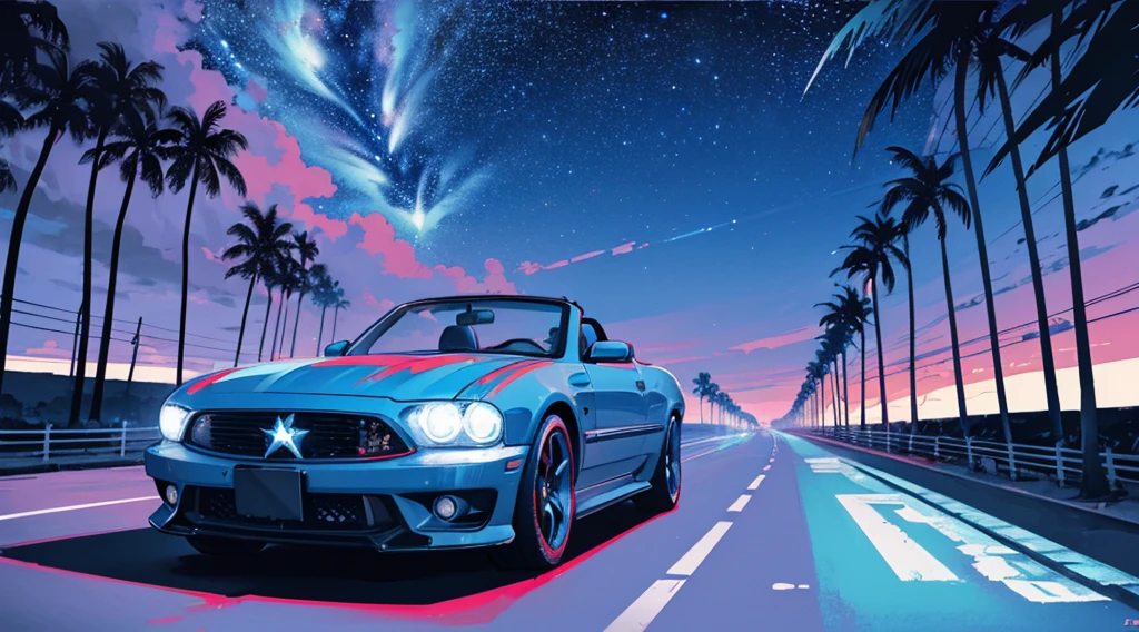 (cyberpunk road by the sea, blue and red glowing road, starry sky, big moon, palm trees), (classic convertible car), (low contrast, flat color, limited palette)