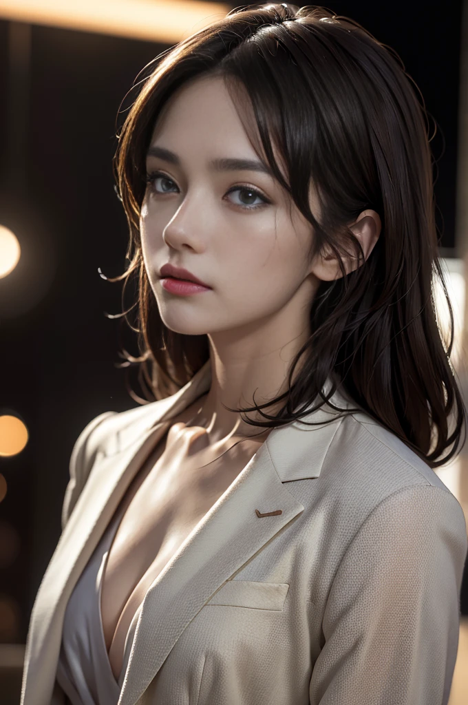 (Photoreal Stick:1.5, masutepiece:1.5, 8K), top-quality, masterpiece, 超A high resolution, Perfect dynamic composition, Professional camera work:1.3, Grow Light Effect, Mystical portrait:1.3, Cinematic Light, Highly detailed skin and facial texture:1.3, The ultra-detailliert, Model body type, Clear face, Detailed hand, Beautiful and detailed eyes, looking away from viewer, Totally loves you, Black Tailored Suit, Suit jacket, V-neck shirt, night view at night, dark brown hair, Small breasts, Close-up portrait