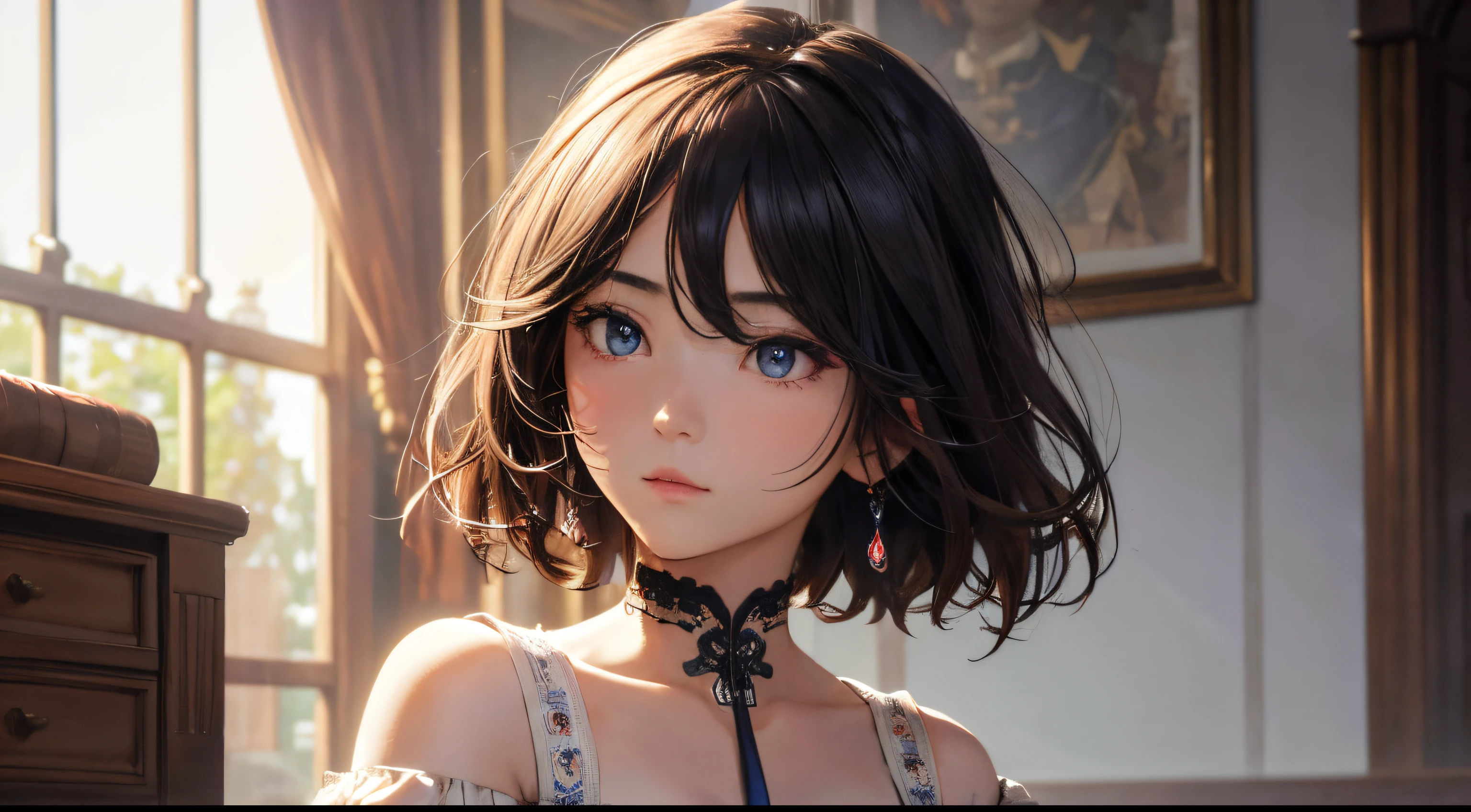 1girl in, (((shorth hair))), jugendstil,(​masterpiece, top-quality, Near and far law, depth of fields:1.5), beautiful countenance, 8k, Raw foto, HDR, Photorealsitic, film grains, chromatic abberation, hight resolution, ultra-detailliert, finely detail, 动态照明, Dramatic lighting、shadowy、extremely detailed eye and face、Round pupils、Realistic pupils、clean back ground