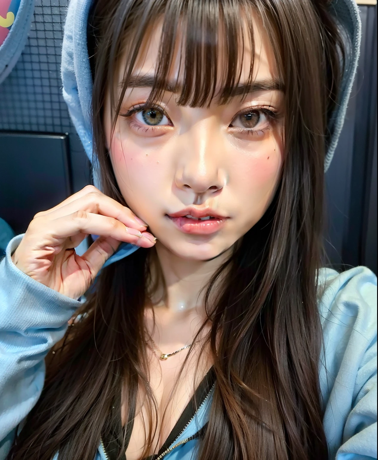 Disheveled Asian woman with long hair and a blue hoodie, Jaeyeon Nam, Sakimichan, coreana, Lalisa Manobal, Ulzzang, Wenfei Ye, wan adorable korean face, Foto de perfil do headshot, Shikami, linda Delphine, Pescador, Chiho, Heonhwa Choe, Xintong Chen