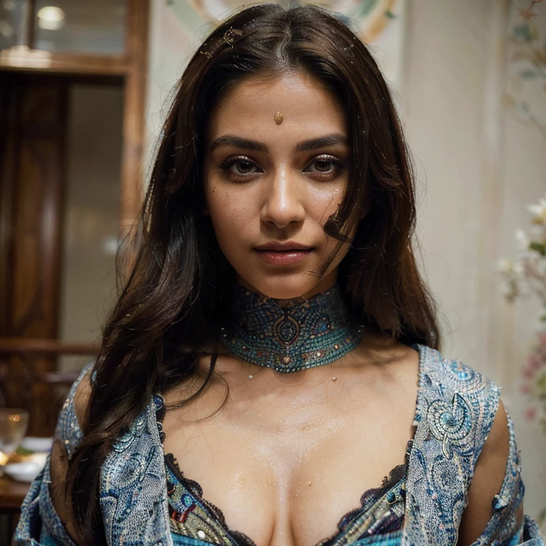 A close picture of Indian, winding, hourglass figure, extremely large Breasts swoop, no bra, pierced nipples, visible nipples, bend down and hanging breasts, Shows deep cleavage, Kneeling in ceremonies, French braid hair, necklace, Sexy maroon saree and not wearing bra, visible nipples, Sultry, Alluring eyes, Look at the viewer and smile, (Cinematic:1.3), Complex details, (ArtStation:1.2