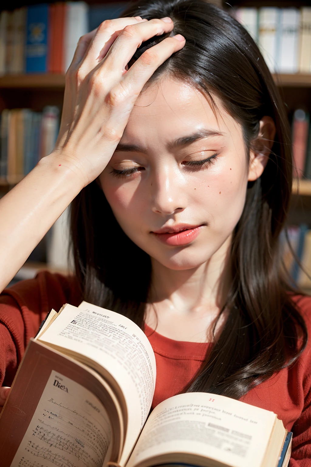 bit girl,myopia,wear close,looking at book,rubbing eyes