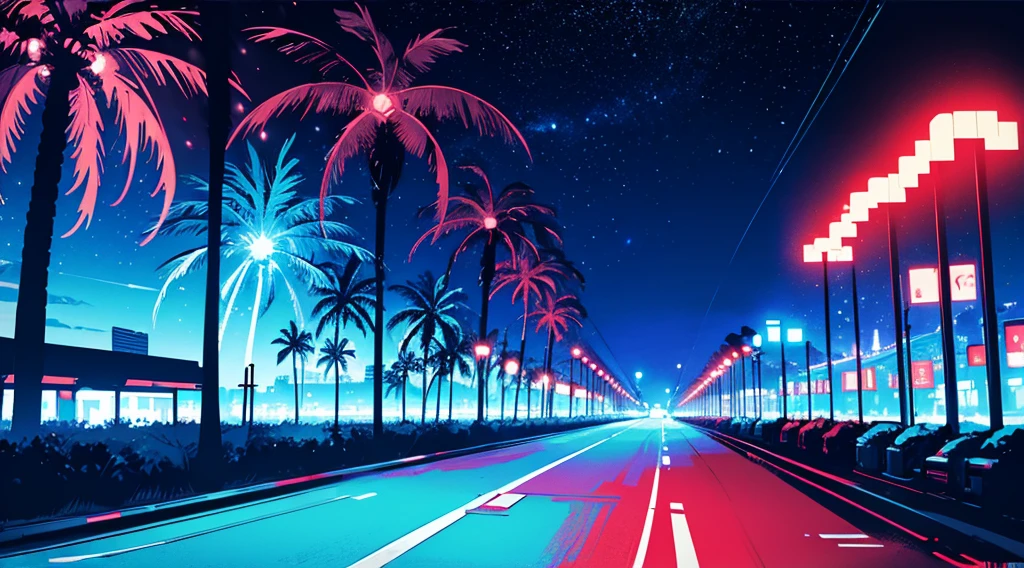 (cyberpunk road by the sea, blue and red glowing road, starry sky, big moon, palm trees), (classic convertible car), (low contrast, flat color, limited palette)