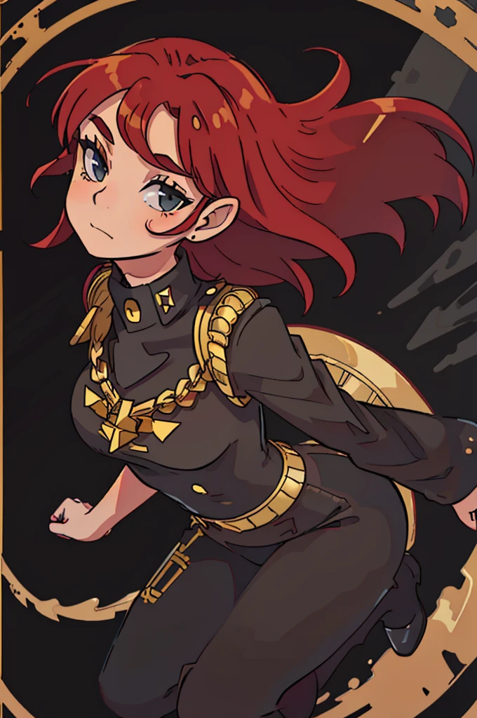 girl, long red hair, captain, black uniform, full body, black pants, gold rank insignia, long black boots, captain's hat