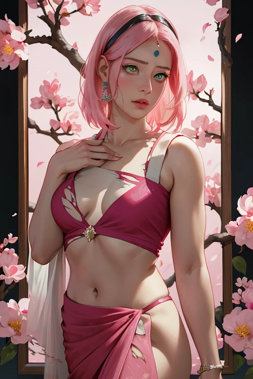 masterpiece, absurdres, sakura\(boruto\), 1girl, solo,mature female, (wearing indian saree, revealing torn clothes, torn clothes:1.3), looking at viewelling petals), perfect composition, detailed lips, big breast, beautiful face, body propotion, blush, (pink lips), long pink hair, hair over shoulder, Green-eyed, soft gaze, super realistic, detailed, photoshoot, realistic face and body, standing