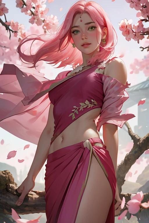 masterpiece, absurdres, sakura\(boruto\), 1girl, solo,mature female, (wearing indian saree, revealing torn clothes, torn clothes:1.3), looking at viewelling petals), perfect composition, detailed lips, big breast, beautiful face, body propotion, blush, (pink lips), long pink hair, hair over shoulder, Green-eyed, soft gaze, super realistic, detailed, photoshoot, realistic face and body, standing