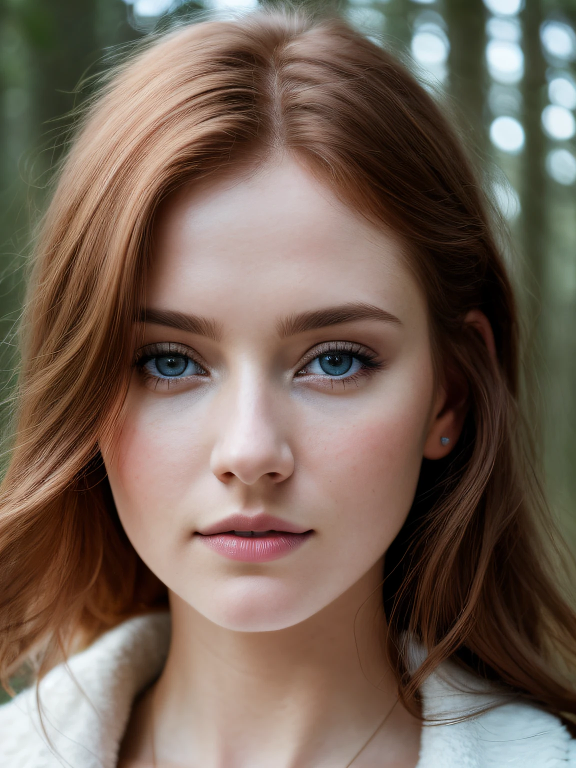 close up of a czech woman, ginger hair, blue eyes, winter forest, natural skin texture, 24mm, 4k textures, soft cinematic light, RAW photo, photorealism, photorealistic, intricate, elegant, highly detailed, sharp focus, ((((cinematic look)))), soothing tones, insane details, intricate details, hyperdetailed, low contrast, soft cinematic light, dim colors, exposure blend, hdr, faded