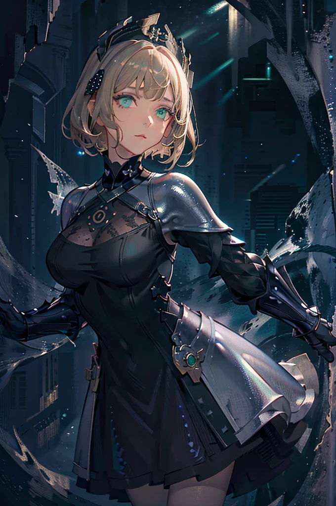 (masterpiece, best quality, extremely detailed CG, beautiful detailed eyes, ultra-detailed, intricate details:1.2), 8k wallpaper, elaborate features, (1girl, solo:1.4), short brown blond hair, swept bangs, struggle, dynamic pose, looking at viewer, (((green eyes))), dark cave, magic surround, ((magic circles)), night, dark, (((((armor dress))))), upper body, ((((dark cave background)))), large breasts, (((((detailed face))))), ((((((detailed eyes)))))), stalactites, earth theme, magic particles, silver