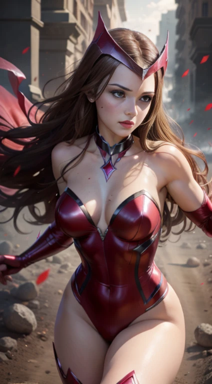 Beautiful woman, realistic skin, detailed face, cute face, Pink pantyhose, full body photo, scarlet sorceress tiara, Red swimsuit, Red boots, ((Scarlet Witch)), wind, red and pink magic, bright particles, sorceress, fantasy, photo (Masterpiece) (Best quality) (Detail) (8K) (HD) (Wallpaper) (Cinematic lighting) (Sharp focus) (Intricate), sexy, day, sunlight, fight marks,  best quality, ultra high resolution, realistic photo, full body portrait, incredibly beautiful, dynamic poses, detailed skin texture, highly detailed skin, beautiful legs, solo, large breasts, prominent figure,