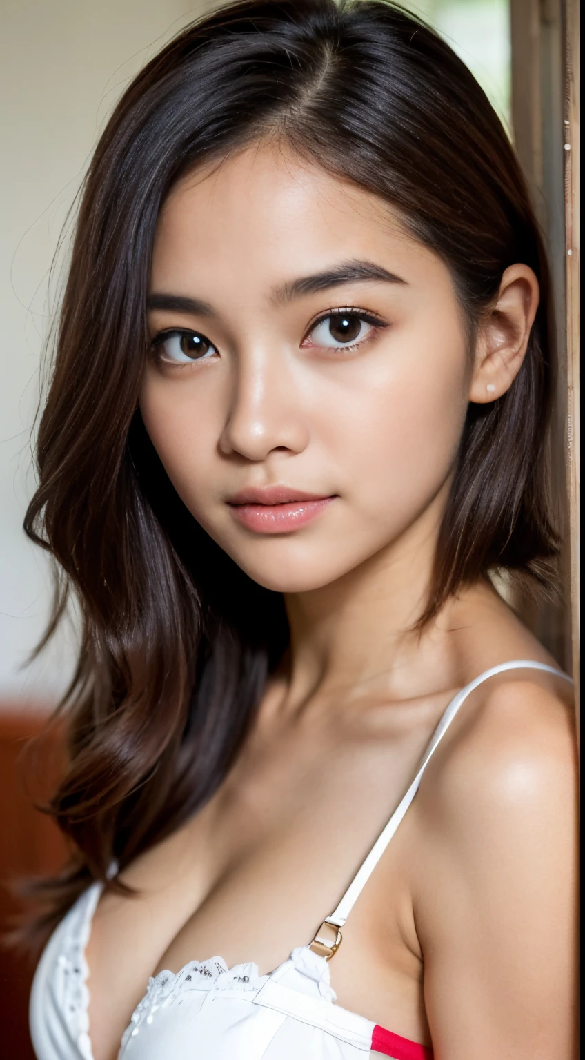 Fashion model 20 years old [[[[Close-up cleavage]]]], [[[[climaxing]]]], [[[[rapeseed]]]], [[[[shoulder]]]], perfect  eyes, Perfect iris，perfect lips，perfect teeth，Perfect Skin，soft front lighting，glowing light，HighDynamicRange，Pure white costume，tee shirt，(facial closeuprunette color hair），4K Ultra HD, 超高分辨率, (realistically: 1.4), Best quality，tmasterpiece，Ultra-diluted，（pastel colour：1.2）