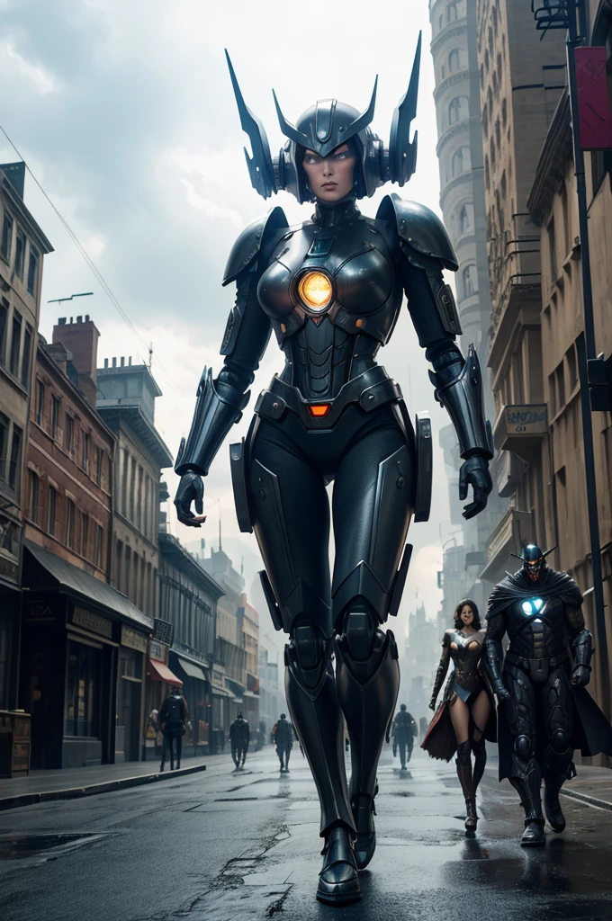 arafed robot standing in a city street with a woman walking by, by Guillermo del Toro, film still of gal gadot, symmetrical dieselpunk warrior, big titan creature in the center, by Slobodan Pejić, filmstill, victorian setting, by Agustín Fernández, rorschach, from the avengers (2012)