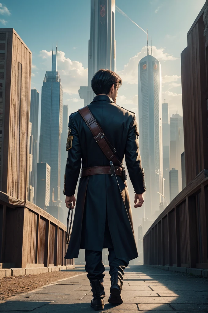 (8k unit wallpaper CG extremely detailed, masterpiece, best quality, ultra-detailed), (((solo)))), ((extremely wide shot:1.15)), a man on a bridge looking at a scifi city in the distance in the background, ((back view)), ((full body)), (high detail), (intricate details), intricate, magnificent scene, detailed environment, highly detailed environment, illustrator, (masterpiece).