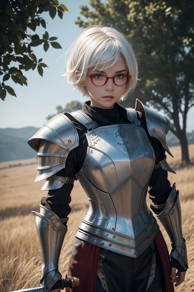 masterpiece , a girl, in a field, ( lite white short hair:1.2), (red eyes:1.2), (Crausader:1.2), (looks at the viewer:1.2) , (8k, best quality 1.2), ultra-detailed, 8k uhd, soft lighting, high quality, film grain, beautiful lighting, cinematic ,perfect body , best illumination, best shadow, sharpness, contrast, red glasses, messy hair, , absurdres high detailed face, steel armour, great sword