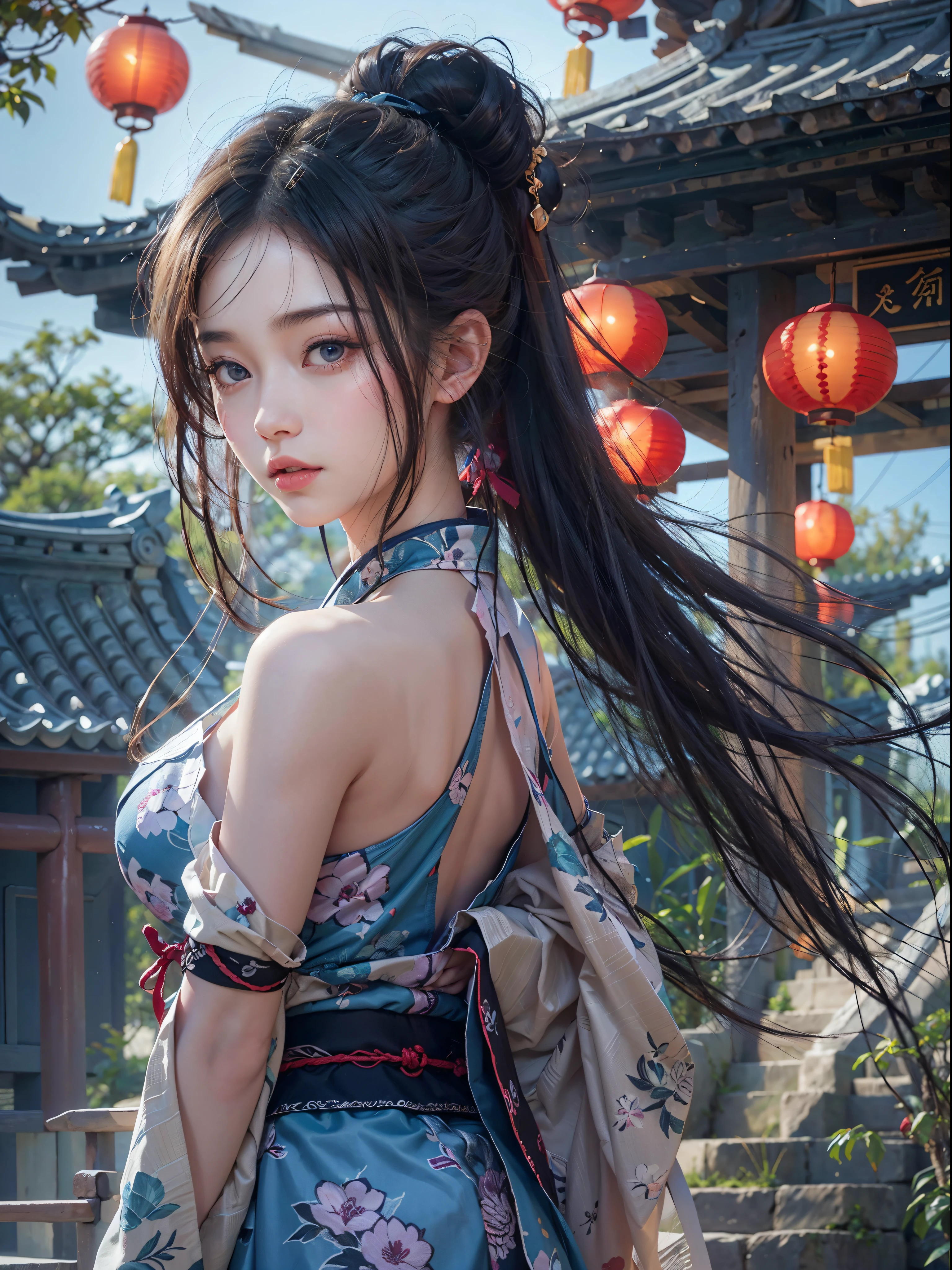 (masutepiece:1.Photoreal Stick:1.4, 8K), top-quality, masterpiece, 超A high resolution, Professional camera work, Grow Light Effect, Realistic portrait, Cinematic Light, Highly detailed skin and facial texture:1.3, The ultra-detailliert, A detailed eye, Detailed limbs, autumn night, Precincts of the shrine:1.2, Autumn foliage scenery:1.2, 1girl in, Cute sexy 22 year old slim woman, Fair skin, ((Natural smile:0.9, Totally captivates you:1.0)), (Backshots, Calm pose), ((accurate shrine maiden costume)), ((voluptuous breasts:0.9)), (Beautiful blue eyes, Eyes that feel beautiful eros:0.85), Sexy face:0.4, (A mouthfeel that feels beautiful eros:0.85), ((Too cute beauty:0.9))