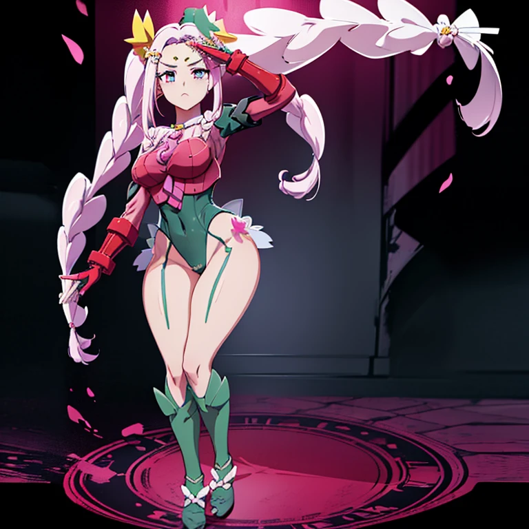 ultra-detailed, Explicit, Beautiful body, Beautiful Nose, Beautiful character design, perfect eyes, perfect face, ultra highres, 4K, beautiful legs, perfect legs, Nice hands, Perfect hand, Masterpiece, Best Quality, Highly detailed, illustration, absurdres, street fighter, doll suit, shadaloo doll, dollsuit, girls, multiple girls, expressionless, blank eyes, looking at viewer, red gloves, emotionless, black latex, corrution, mind control, female combatant, full body, hypnotized, unhappy trance, full body suit, ribbed bodysuit, both arms at side, stand up straight, obey, perfect female body, extremely glossy latex, hypnosis, hypnoLora, empty eyes, Mind control device, poses, brainwashed, submissive_pose, Slave, hat, necktie, stand up straight, standing, standing at attention, belt, extending the right arm from the shoulder into the air with a straightened hand, nazi saluting, military, military saluting, salute, right hand saluting, left hand at side, latex, ribbed bodysuit, wide hip, thicc, a curvy body, garter belt, black thighhighs, frilled sleeves, stakes of purgatory, cure felice, long hair, blue eyes, hair ornament, twintails, green eyes, pink hair, braid, flower, collar, hair flower, pink eyes, twin braids, petals, magical girl, multicolored eyes, symbol in eye,