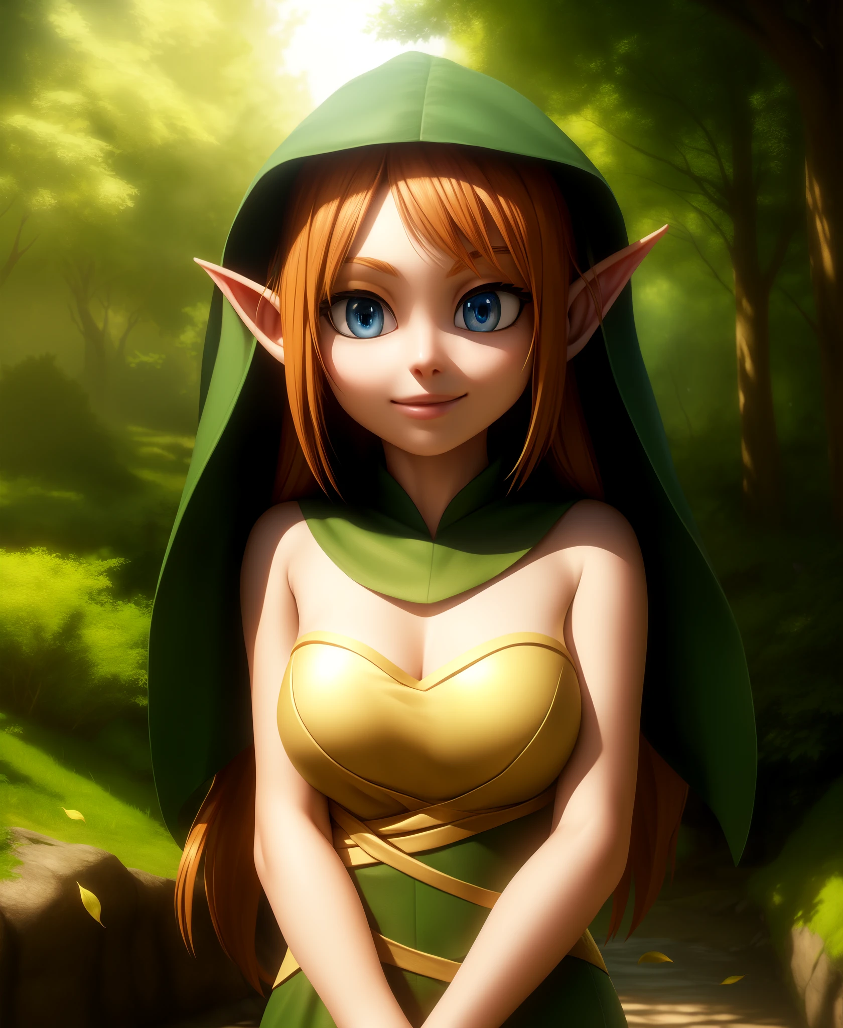 ELF EARS, LEAF COSTUME, GINGER HAIR, 1girl, solo, facing viewer, looking at viewer, smile,, detailed, analog style, RAW photo,best quality, epic anime,hyper-realistic lifelike texture, masterpiece, unreal engine 5,Extremely detailed CG unity 8k wallpaper, UHD, HDR, Madly detailed photo,(ecstasy of light and shadow),, sfw,